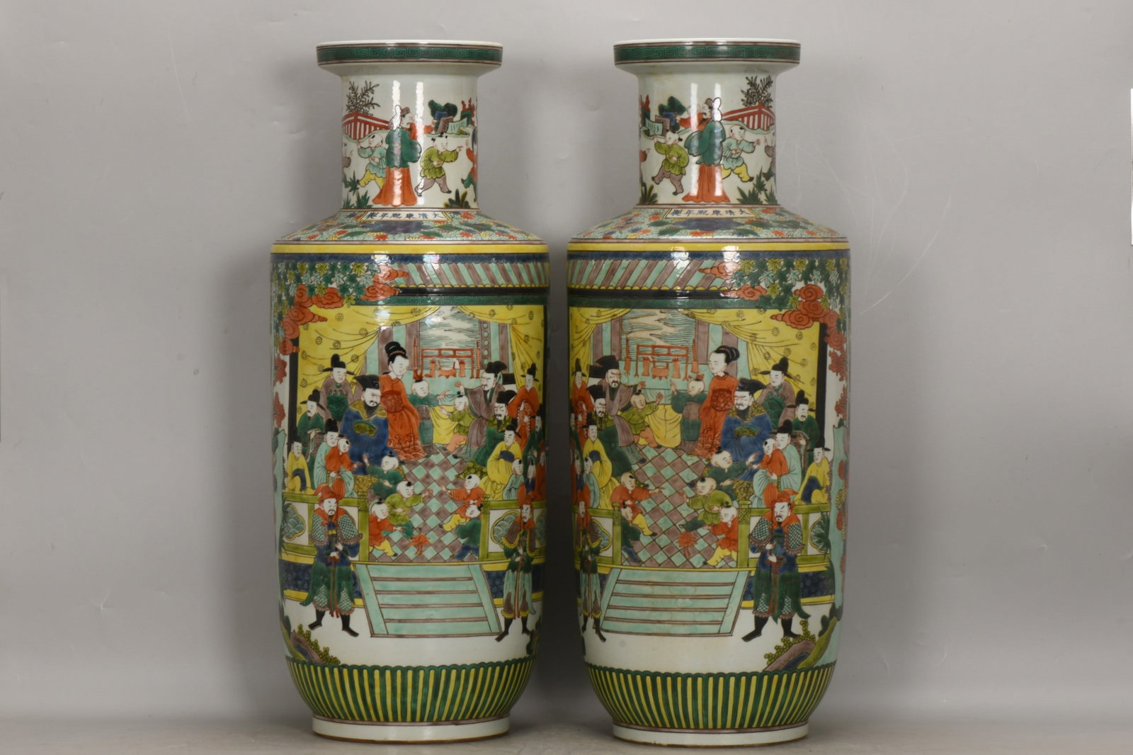 An Exquisite A Pair of Wucai Character and Story Pattern Vase: An Exquisite A Pair of Wucai Character and Story Pattern Vase,Qing Dynasty, China , Kangxi Six-character Mark,Size:26.8inx10.6in,一对五彩人物故事纹
