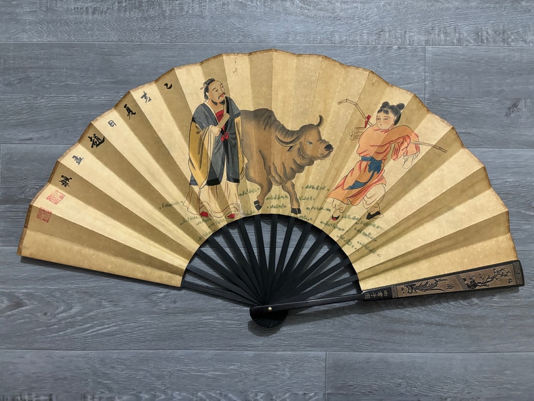 A Chinese Ink Painting Fan with Character and Story Motif: A Chinese Ink Painting Fan with Character and Story Motif,Zhao mengfu,Size:23.6inx13in,一把中国水墨人物故事画扇子,赵