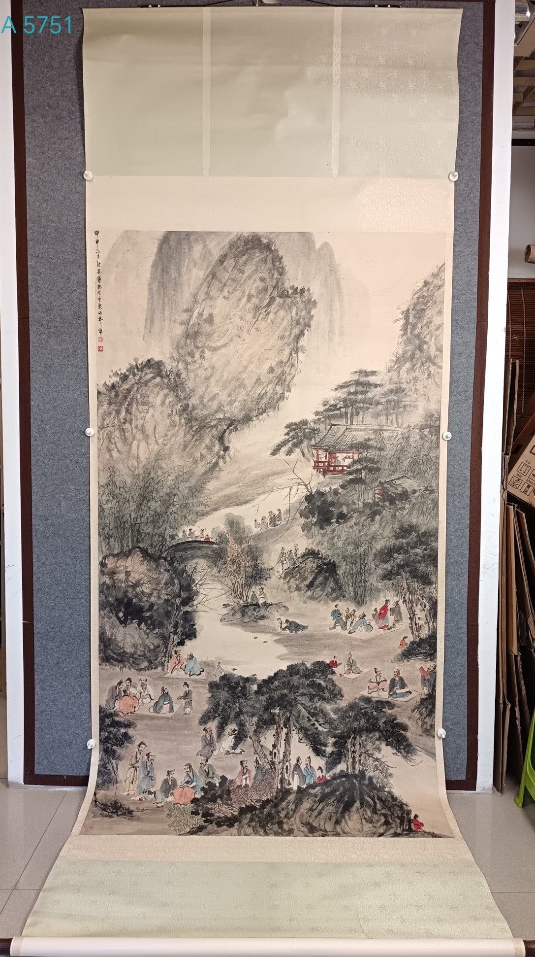 A Chinese Vertical Scroll Ink Painting of Landscape and Figure on Paper: A Chinese Vertical Scroll Ink Painting of Landscape and Figure on Paper,Fu baoshi,Size:(Without frame)45.7inx81.1in,一幅中国水墨山水人物