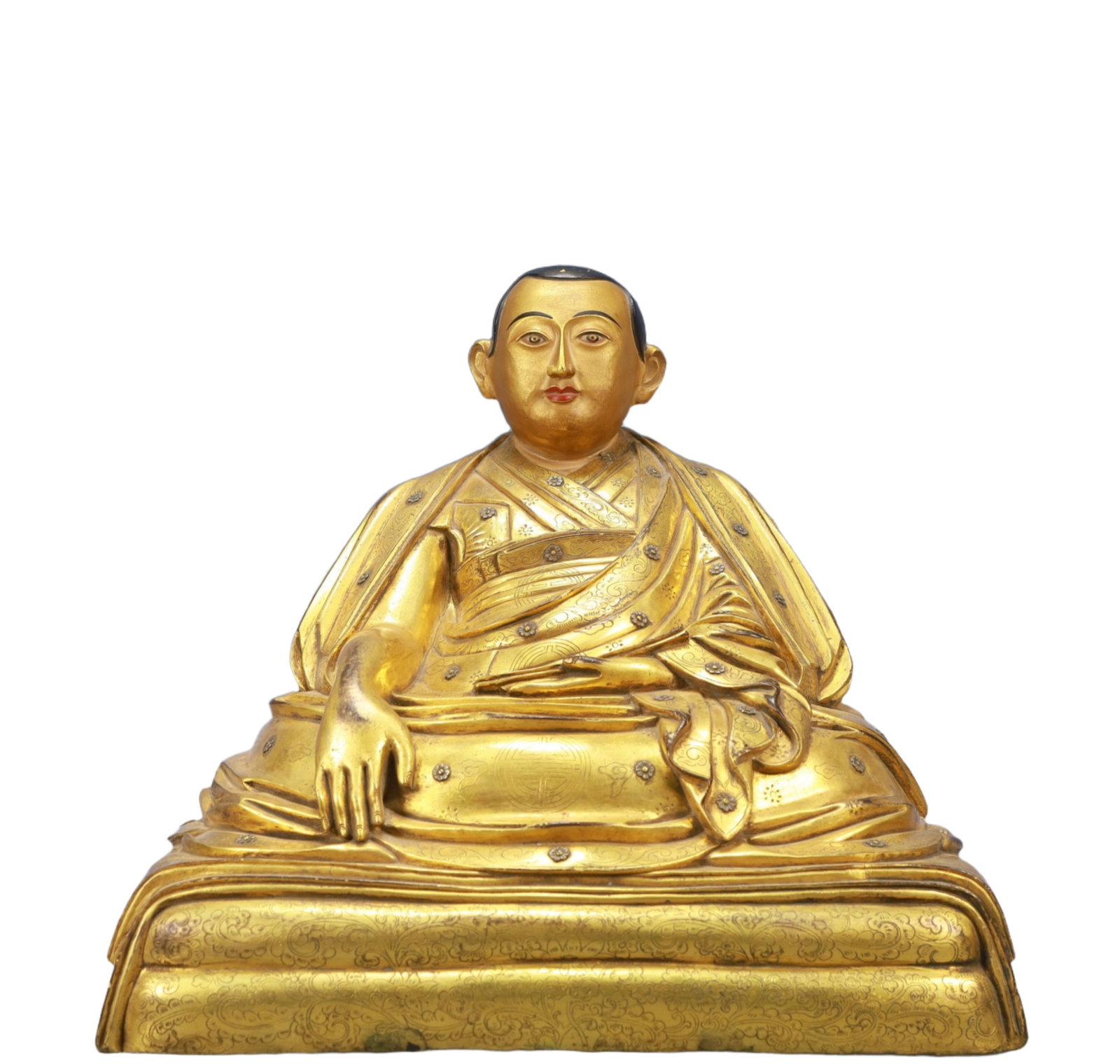 A Solemn Gilt Bronze Statue of Guru: A Solemn Gilt Bronze Statue of Guru,Ming Dynasty, China,Size:13.4inx10.6inx13in,Weight:13900,铜鎏金上师像,中国明代