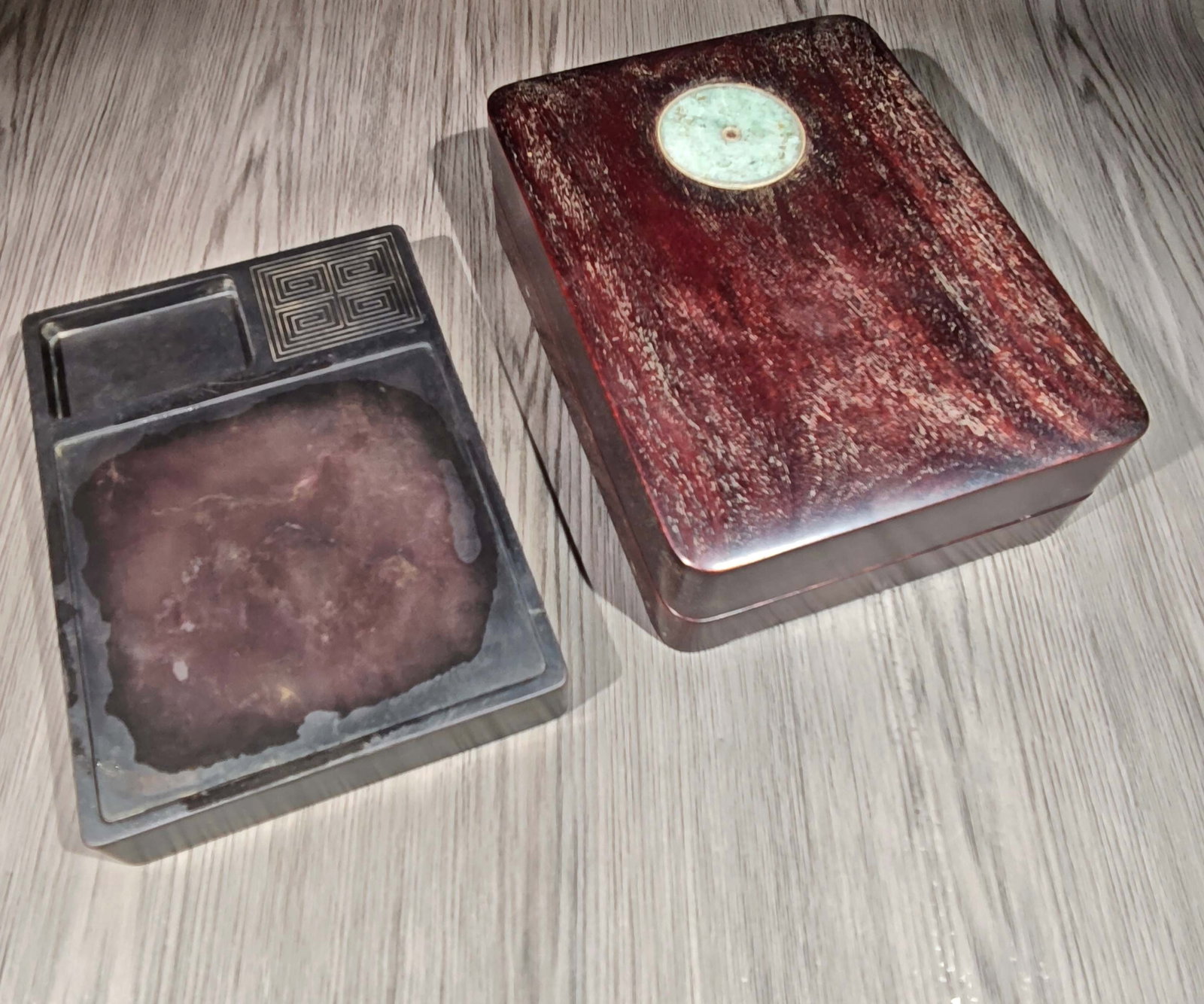 An Exquisite Poem Inkstone,with Wooden Box: An Exquisite Poem Inkstone,with Wooden Box,Qing Dynasty,China,With Mark,Size:8.6inx6.4inx2.8in,诗文砚台,带木盒,中国清代,带હ