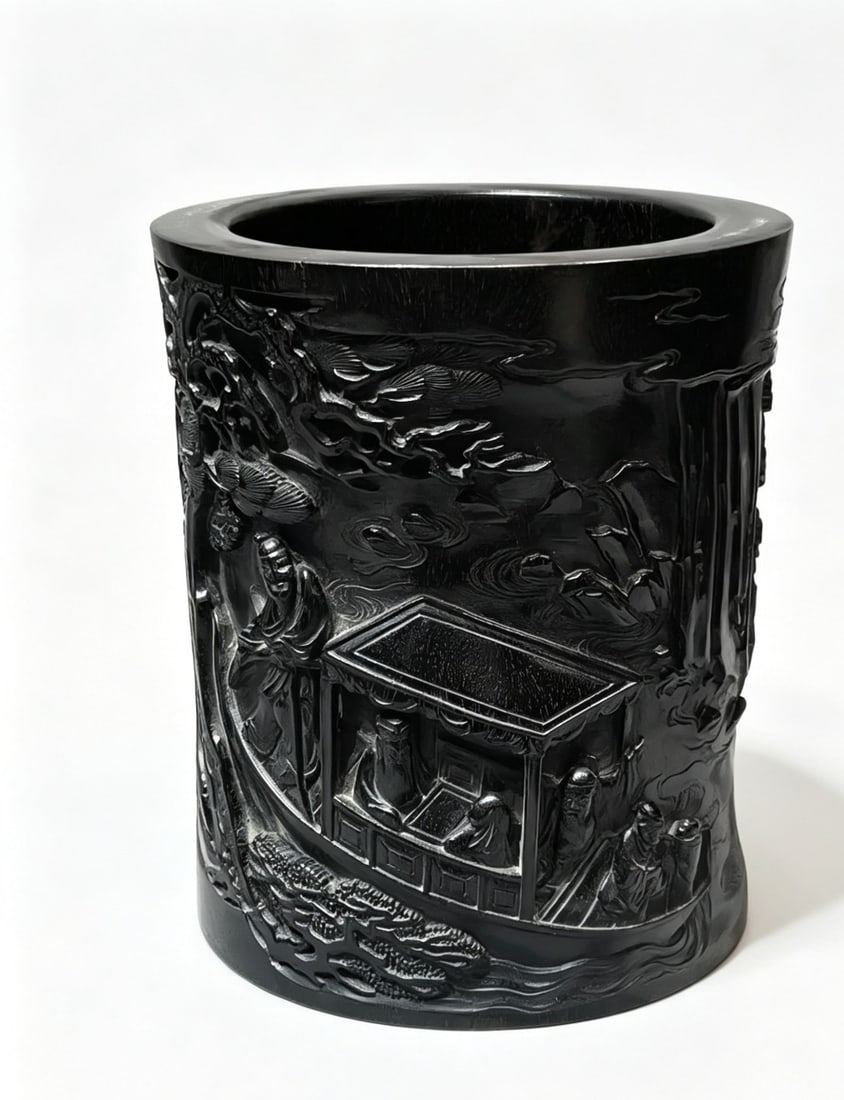 An Exquisite Zitanwood Character and Story Pattern Brush Pot,with poem: An Exquisite Zitanwood Character and Story Pattern Brush Pot,with poem,Qing Dynasty,China,Size:4.9inx4.9inx5.9in,紫檀木人物故事纹笔筒,४