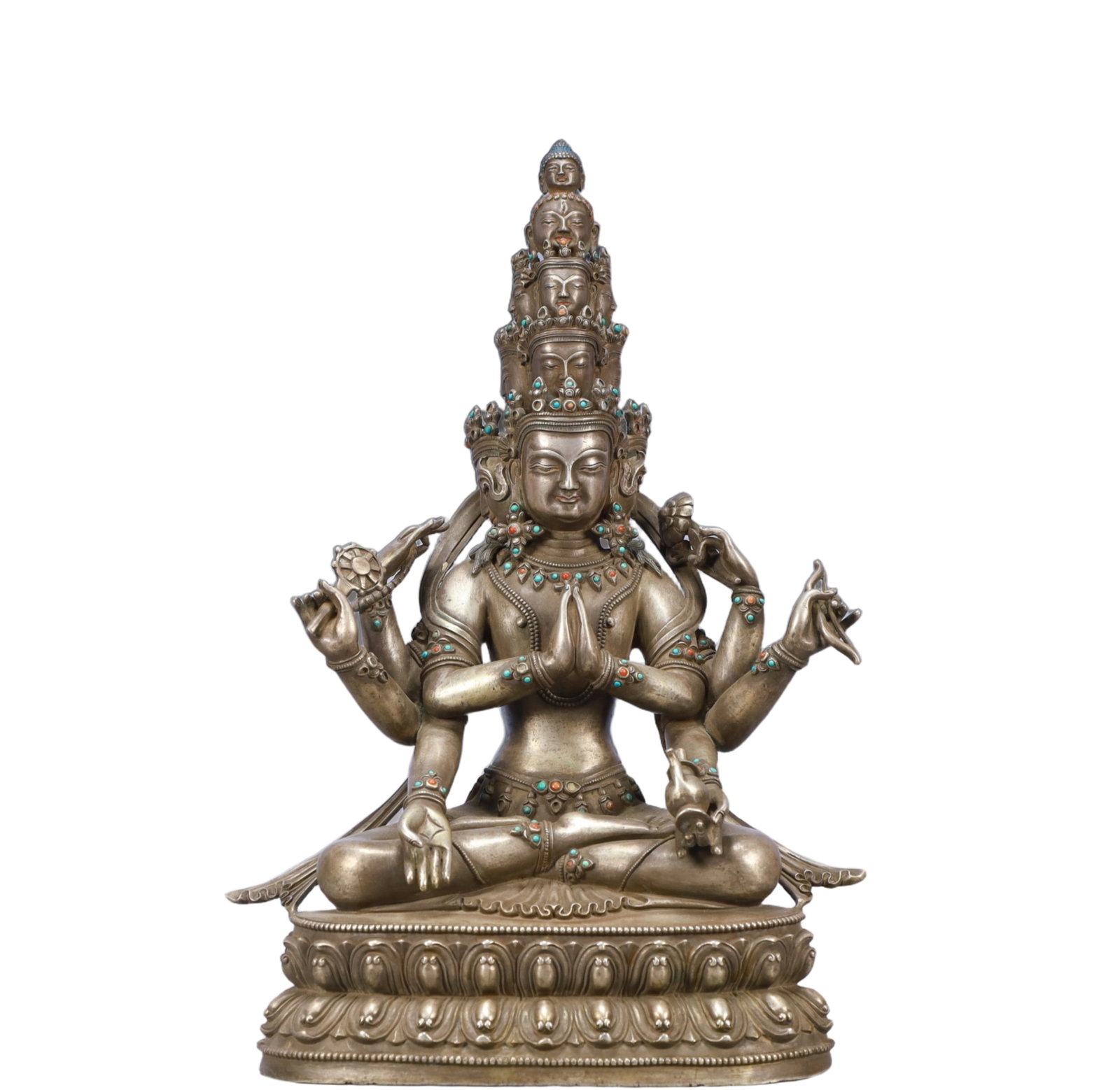 A Solemn Bronze Inlaid Gems Statue of Avalokitesvara: A Solemn Bronze Inlaid Gems Statue of Avalokitesvara,Ming Dynasty, China,Size:8.7inx6.3inx15in,Weight:5100,铜嵌宝石观音像,中国明代