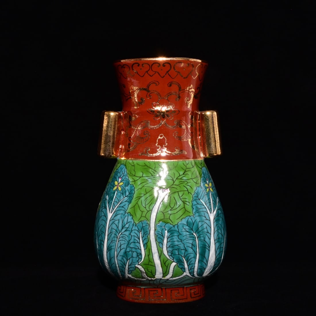 An Exquisite Ru yao Enamel Painted Gold Cabbage Pattern Double-Ears Vase,: An Exquisite Ru yao Enamel Painted Gold Cabbage Pattern Double-Ears Vase,Song Dynasty, China,With Mark,Size:8.7inx5.1in