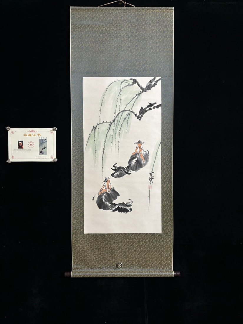 A Chinese Vertical Scroll Ink Painting of Herding Cattle on Paper: A Chinese Vertical Scroll Ink Painting of Herding Cattle on Paper,Li keran,Size:(entirety)66.9inx25.6in,(Without frame)39.4inx19.7in,一幅中国水墨牧牛