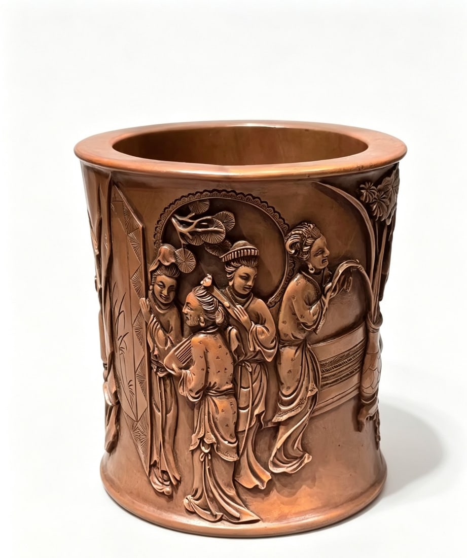 An Exquisite Copper Character and Story Pattern Brush Pot: An Exquisite Copper Character and Story Pattern Brush Pot,Qing Dynasty,China,Size:5.1inx5.1inx5.5in,铜人物故事纹笔筒,中国清代