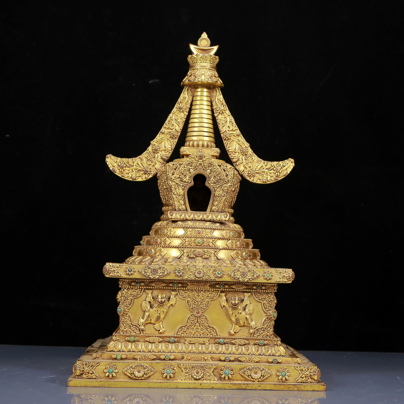 A Rare Gilt Bronze Inlaid Turquoise Pagoda: A Rare Gilt Bronze Inlaid Turquoise Pagoda,Qing Dynasty,China,Kangxi Seven-character