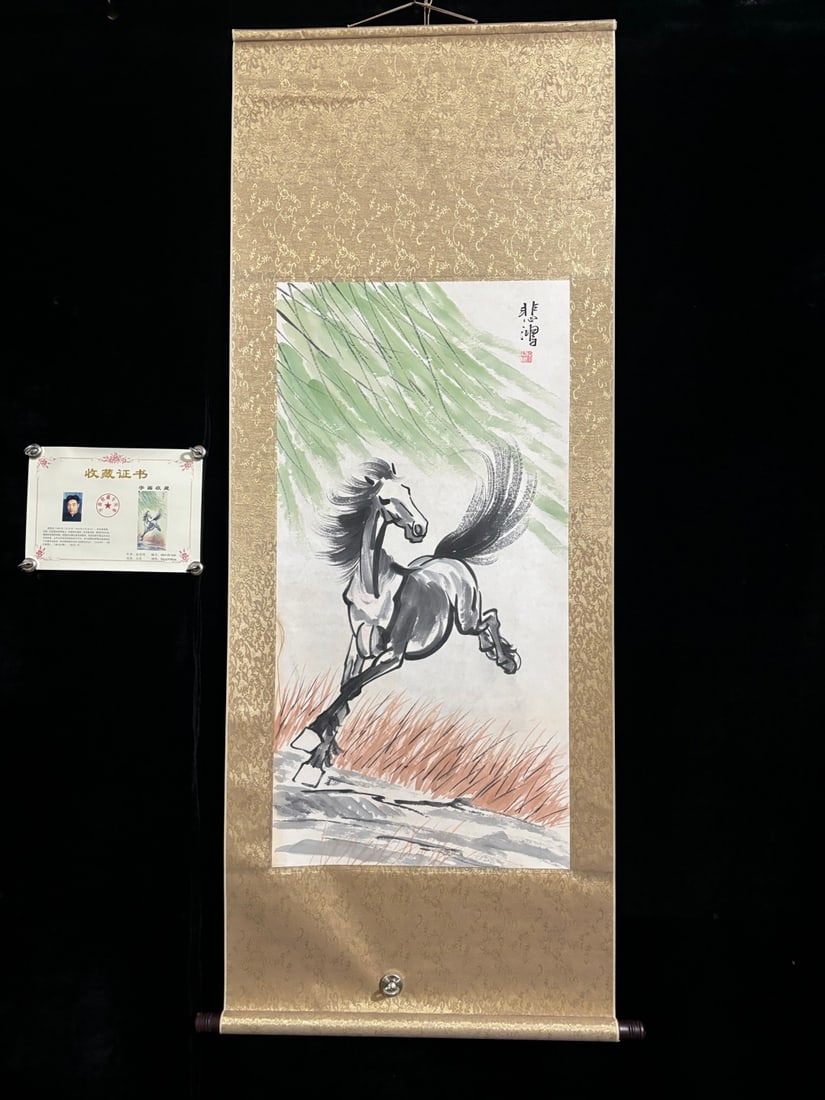 A Chinese Vertical Scroll Ink Painting of Horse on Paper: A Chinese Vertical Scroll Ink Painting of Horse on Paper,Xu beihong,Size:(entirety)66.9inx25.6in,(Without frame)39.4inx19.7in,一幅中国水墨骏马图&#