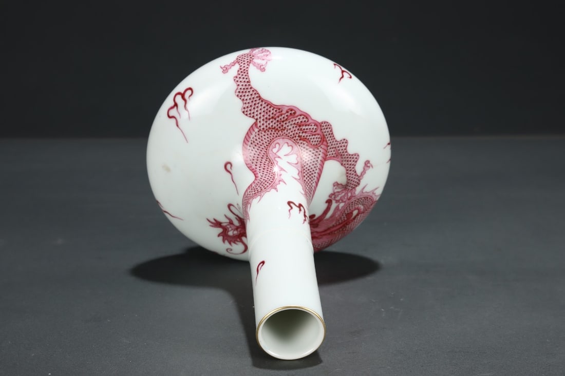 An Exquisite Ruby Red-Glazed Painted Gold Dragon Pattern Seawater Pattern Vase - 7