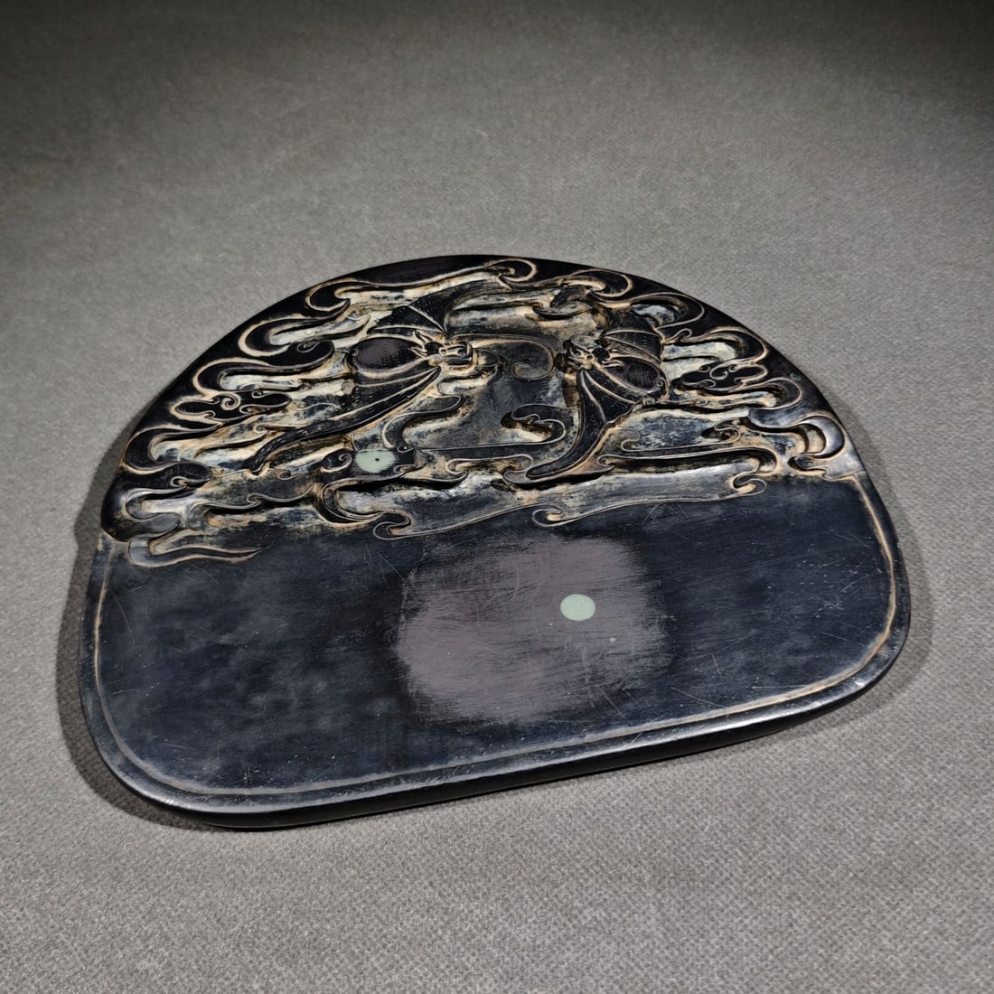 An Exquisite Auspicious Cloud Bats Pattern Inkstone,with poem: An Exquisite Auspicious Cloud Bats Pattern Inkstone,with poem,Qing Dynasty,China,With Mark,Size:8.7inx6.3inx1.2in,祥云蝙蝠纹砚台,带诗文,