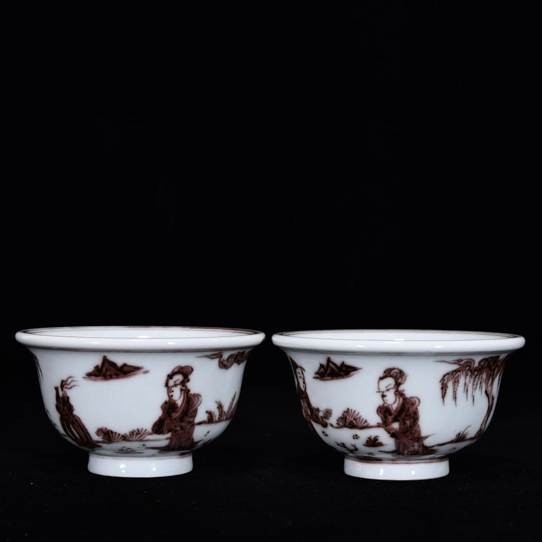 A Pair of Exquisite Underglaze-Red Character and Story Pattern Cups: A Pair of Exquisite Underglaze-Red Character and Story Pattern Cups,Ming Dynasty,China,with Xuande Four-character Mark,Size:2inx3.7in,一对釉里红人物故&#