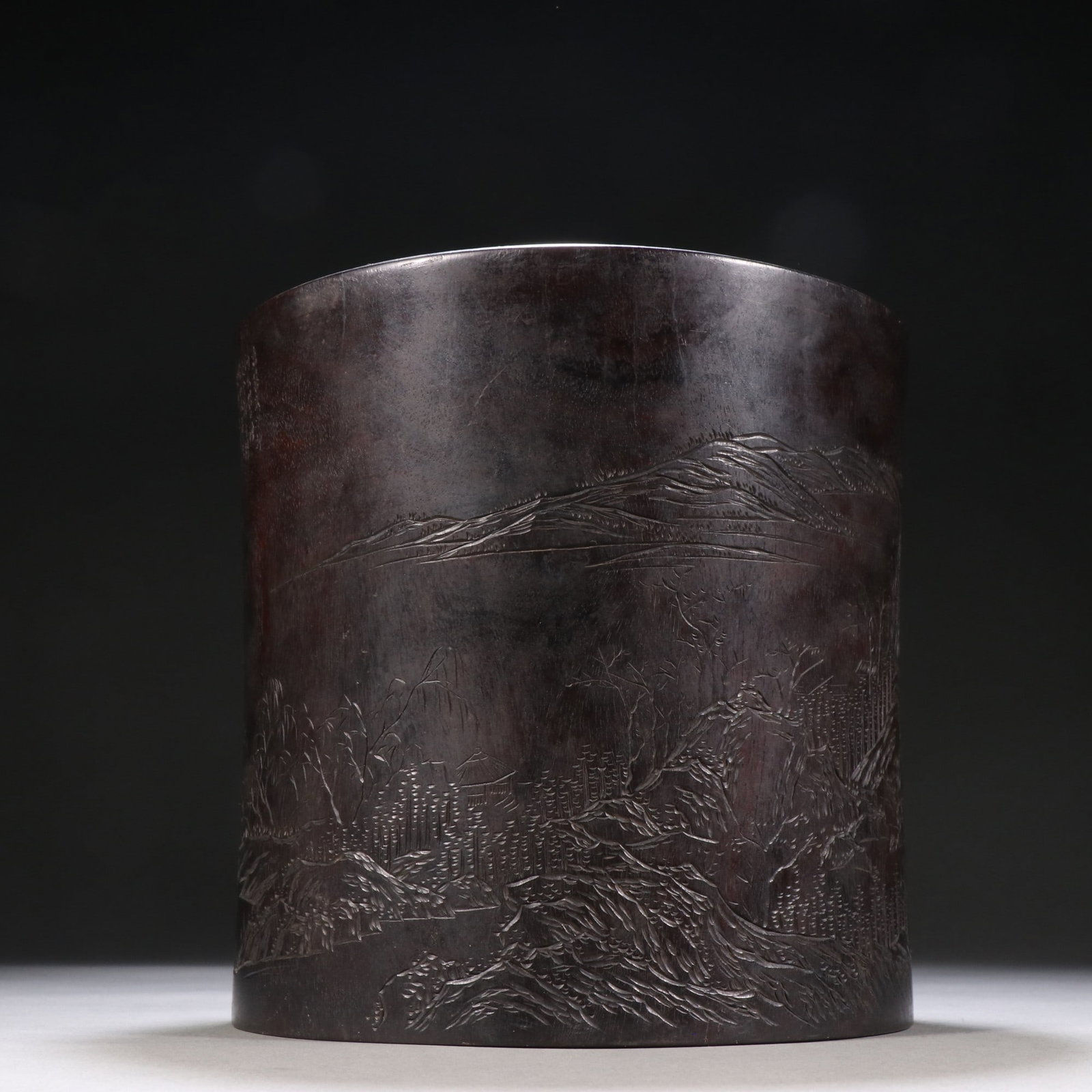 An Exquisite Zitanwood Landscape Pattern Brush Pot,with poem: An Exquisite Zitanwood Landscape Pattern Brush Pot,with poem,Qing Dynasty,China,Size:7.9inx7.9in,紫檀木山水纹笔筒,带诗文,中Þ