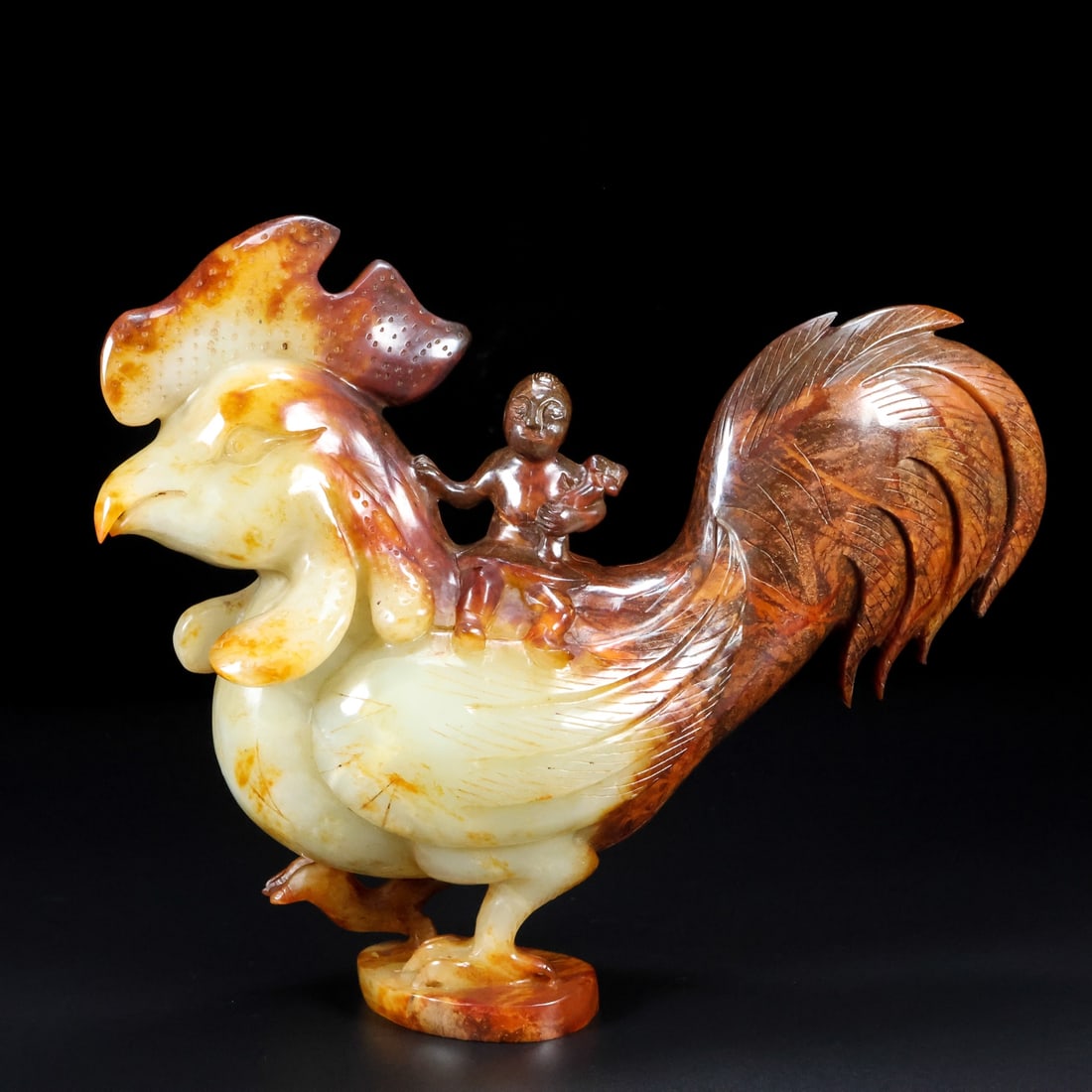 An Exquisite White Jade Rooster Ornament: An Exquisite White Jade Rooster Ornament,Han Dynasty,China,Size:10.6inx3.5inx9.1in,Weight:3168g,白玉公鸡摆件,中国汉代