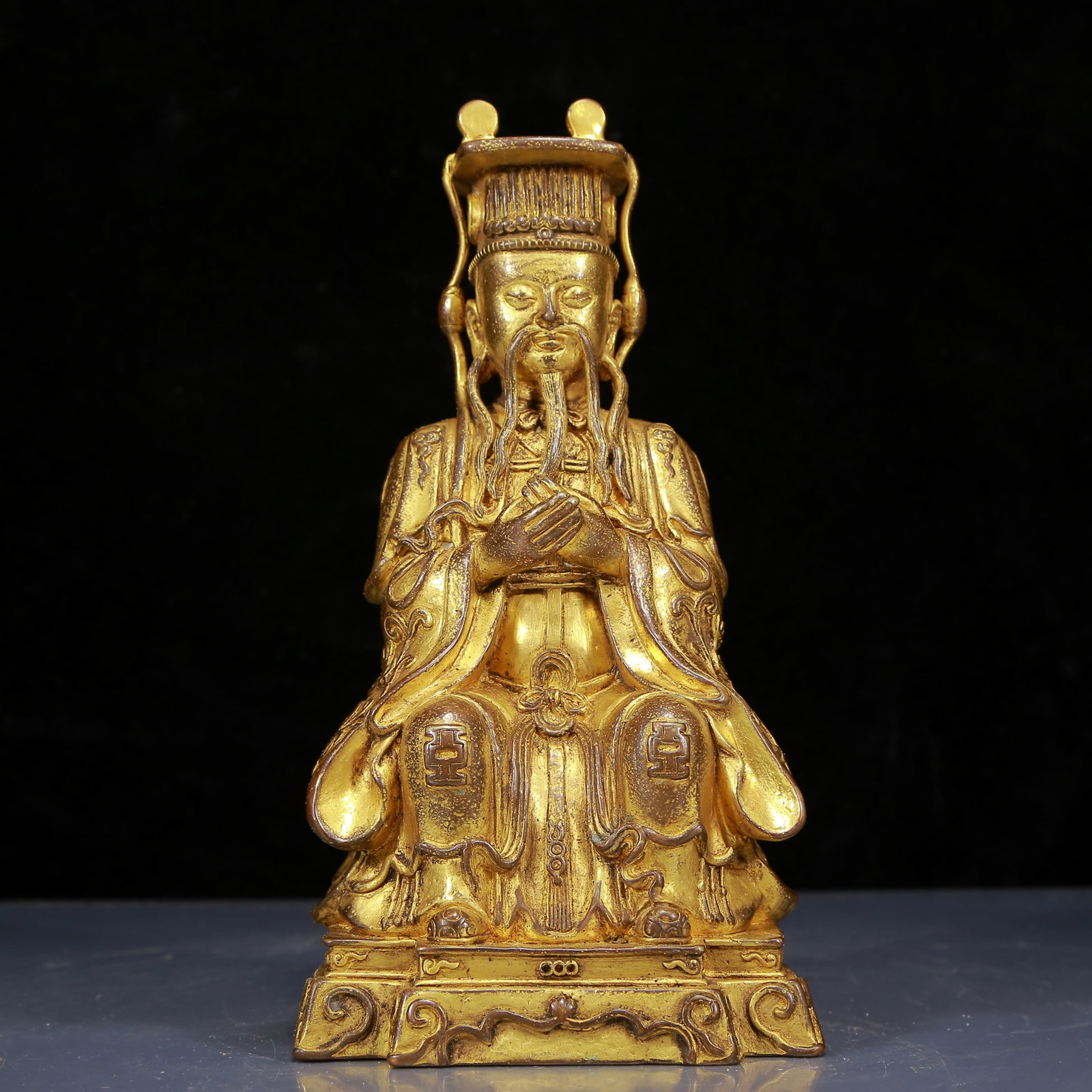 A Solemn Gilt Bronze Statue of Mammon: A Solemn Gilt Bronze Statue of Mammon,Ming Dynasty,China,Size:5.1inx4.3inx9.8in,Weight:2790g,铜鎏金财神像,中国明代