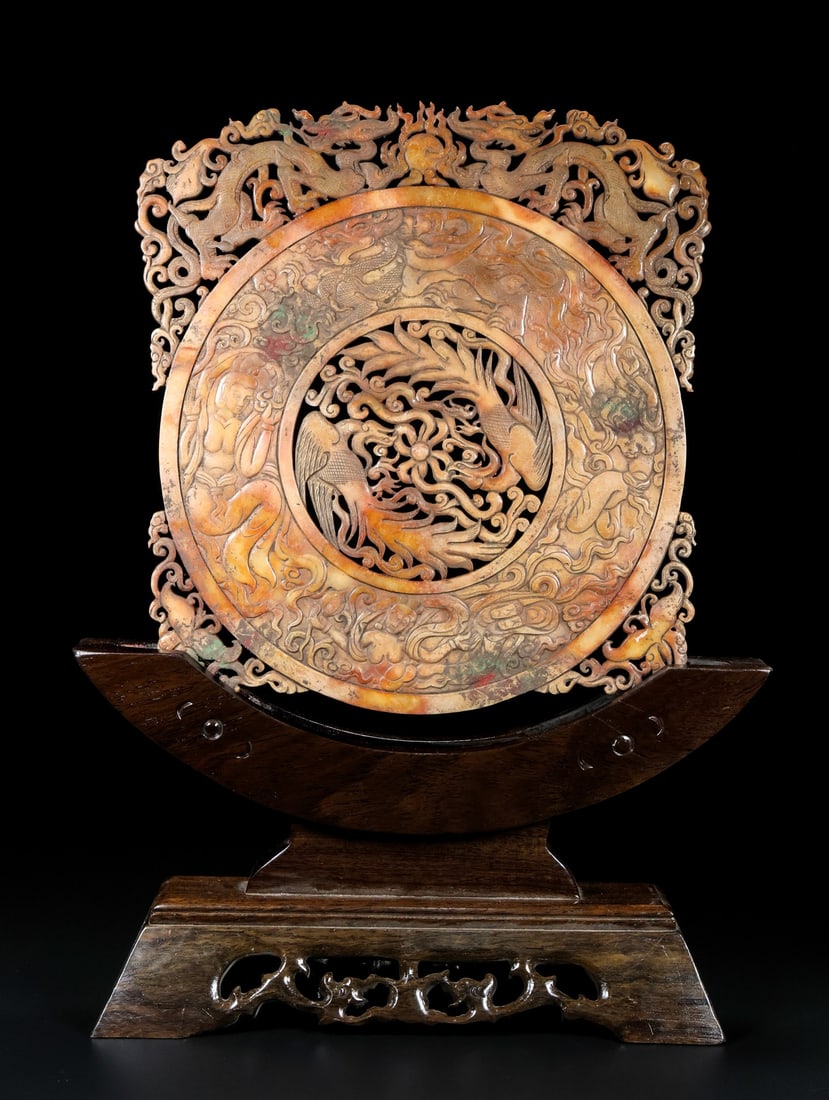 An Exquisite White Jade Dragon and Phoenix Pattern Buddha Statue Pattern Bi Disc (1 of 9)