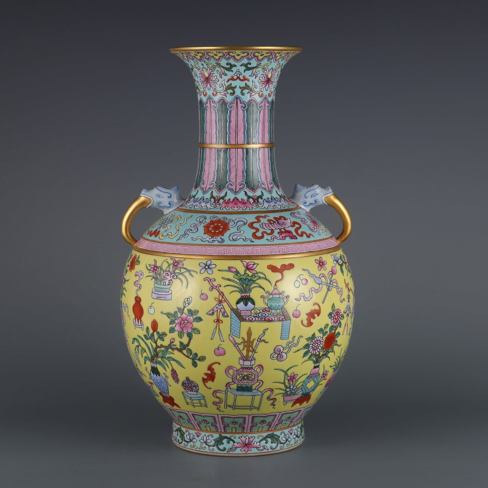 An Exquisite Famille-Rose Yellow Ground Eight Treasures Pattern Bats and Peach Pattern Lotus Pattern: An Exquisite Famille-Rose Yellow Ground Eight Treasures Pattern Bats and Peach Pattern Lotus Pattern Double-Ears Vase,Qing Dynasty,China,Qianlong Six-character Mark,Size:13.8inx4.5in,粉彩&