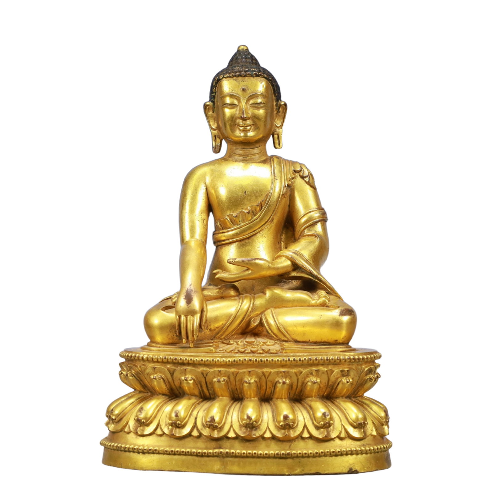 A Solemn Gilt Bronze Statue of Sakyamuni: A Solemn Gilt Bronze Statue of Sakyamuni ,Ming Dynasty, China,Size:7.3inx6.1inx11in,Weight:4050,铜鎏金释迦牟尼像,中国明代