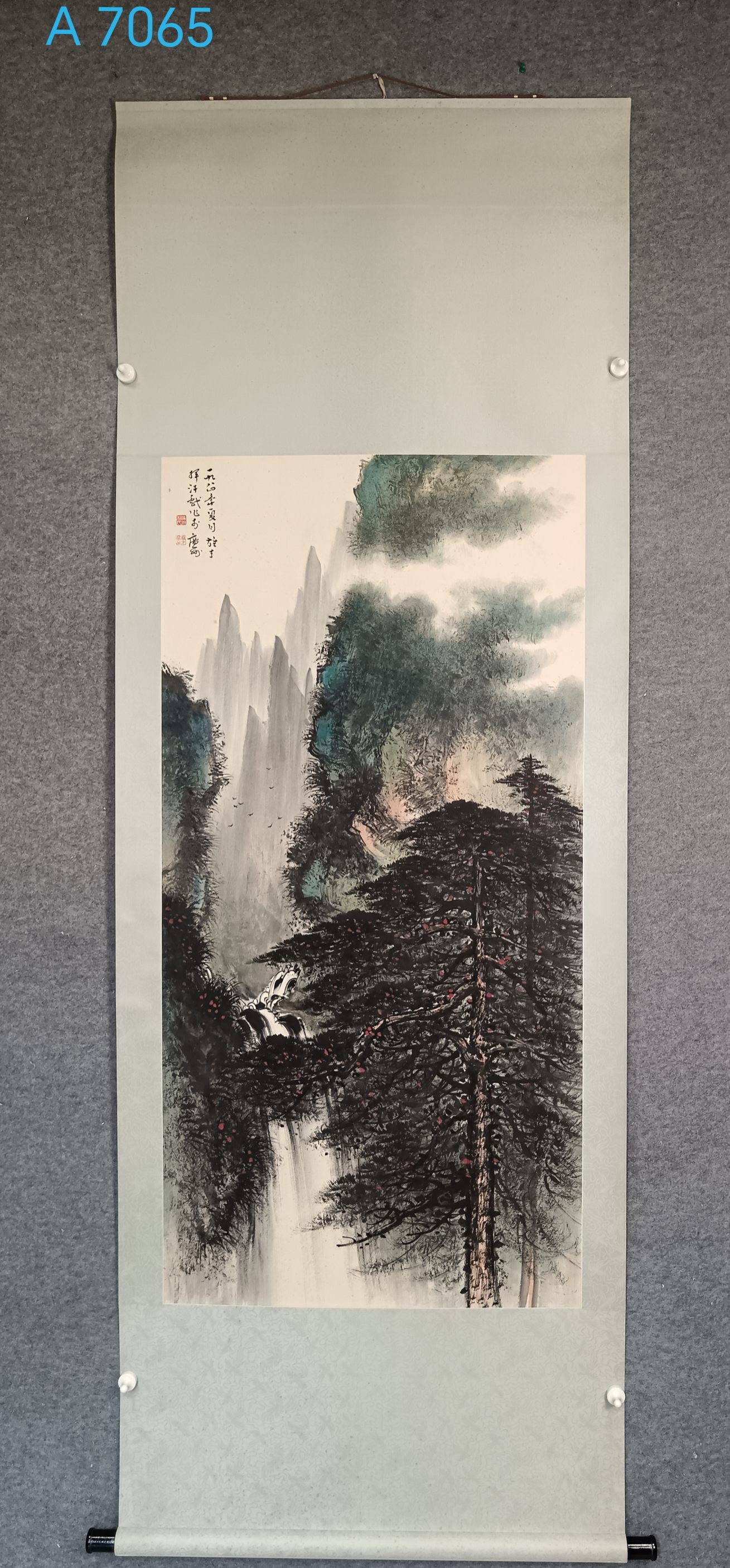 A Chinese Vertical Scroll Ink Painting of Landscape on Paper: A Chinese Vertical Scroll Ink Painting of Landscape on Paper,Li xiongcai,Size:(Without