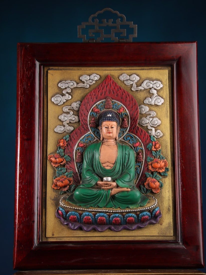 An Exquisite Zitanwood Inlaid Bronze Statue of Sakyamuni Tangka: An Exquisite Zitanwood Inlaid Bronze Statue of Sakyamuni Tangka,Qing
