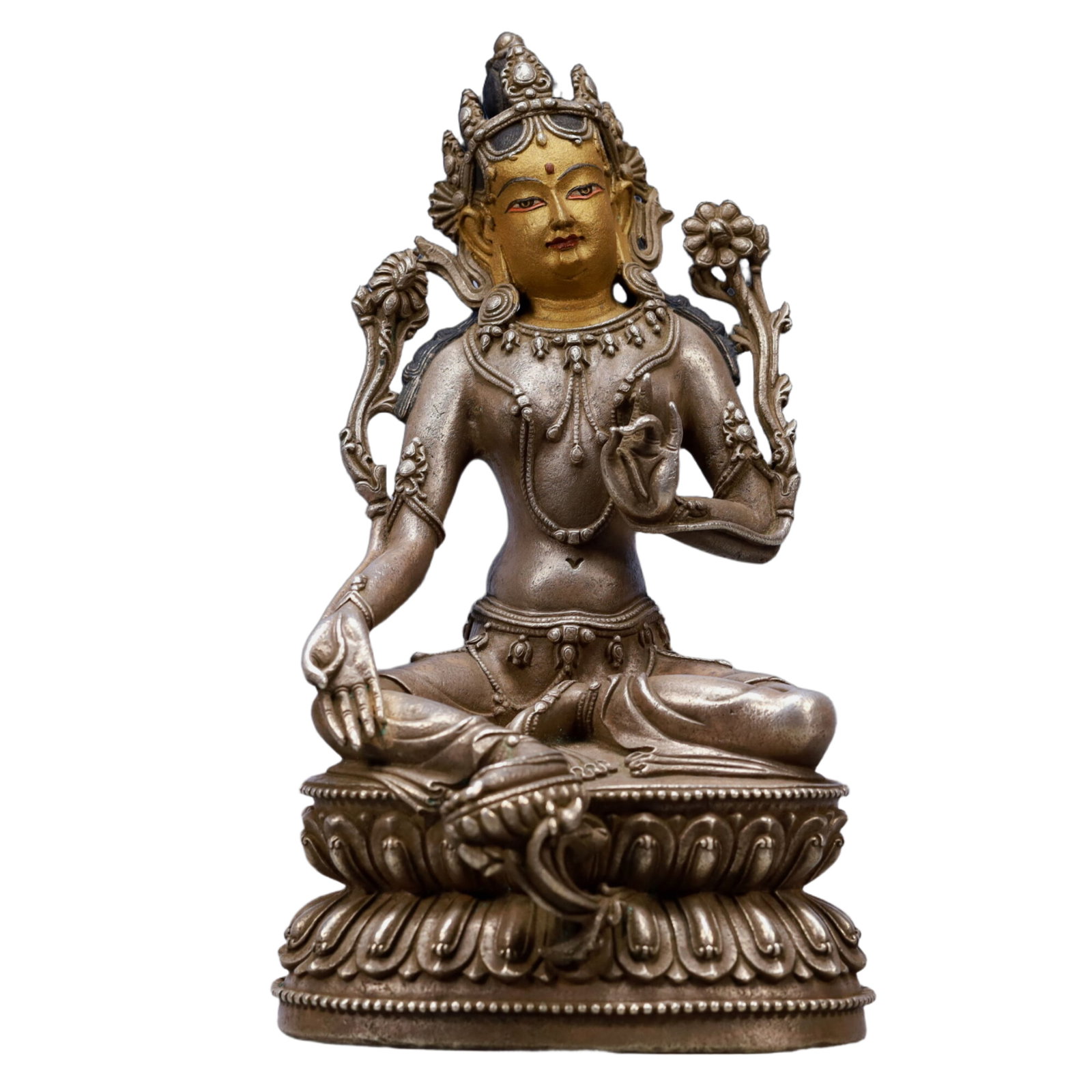 A Solemn Bronze Inlaid Gold and Silver Statue of Tara: A Solemn Bronze Inlaid Gold and Silver Statue of Tara,Ming Dynasty, China,Size:4.7inx4.3inx9.3inWeight:1500g 铜鎏金度母像,中国明代