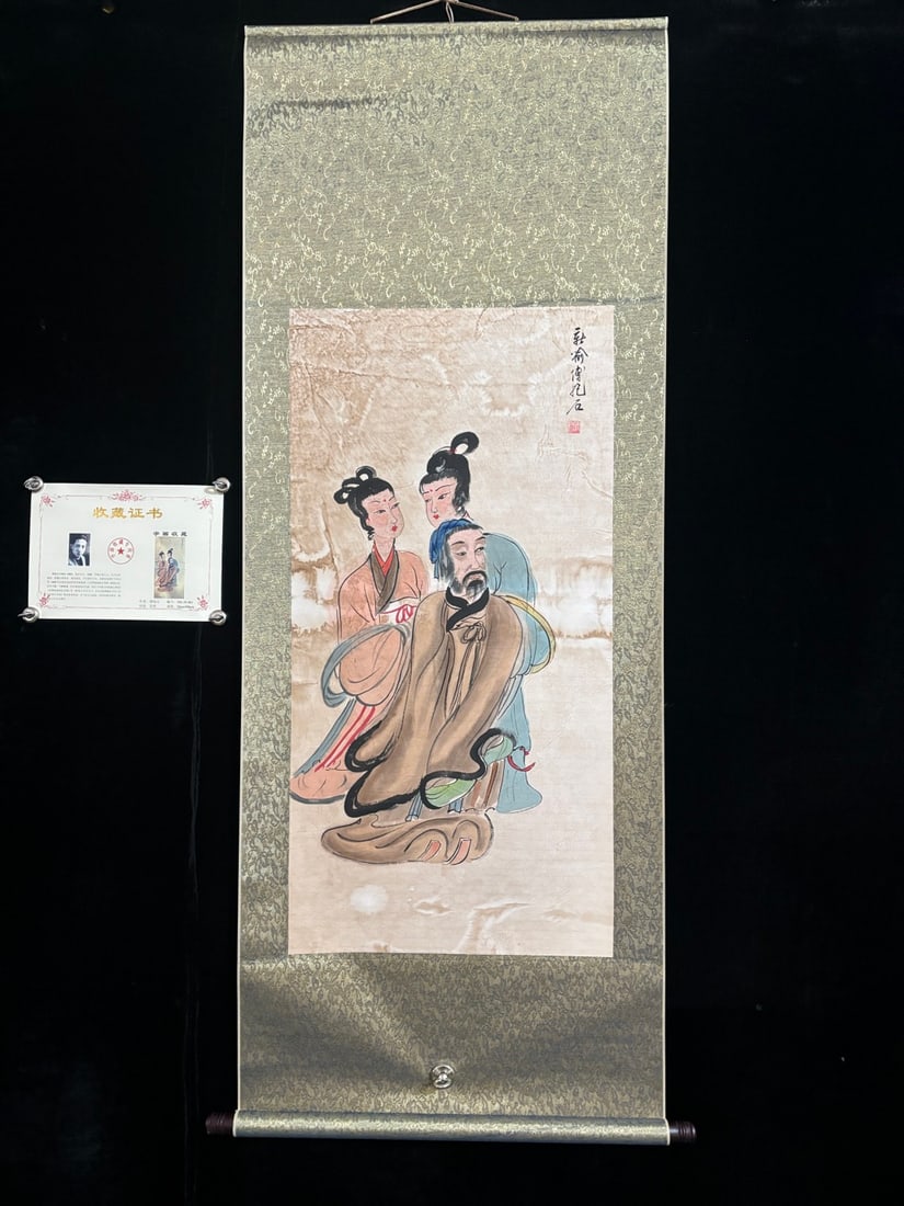 A Chinese Vertical Scroll Ink Painting of Character and Story on Paper: A Chinese Vertical Scroll Ink Painting of Character and Story on Paper,Fu baoshi,Size:(entirety)66.9inx25.6in,(Without frame)39.4inx19.7in,一幅中国水墨人Ĥ