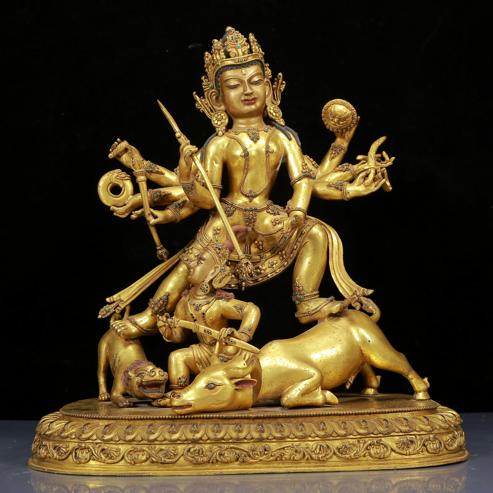 A Solemn Gilt Bronze Inlaid Turquoise Statue of Gautama??s Mother: A Solemn Gilt Bronze Inlaid Turquoise Statue of Gautama’s Mother,Ming Dynasty,China,Yongle Six-character Mark,Size:13.8inx7.1inx15in,Weight:8925g,铜鎏金嵌绿松