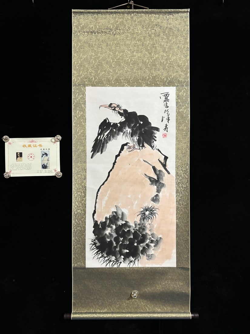 A Chinese Vertical Scroll Ink Painting of Vulture on Paper: A Chinese Vertical Scroll Ink Painting of Vulture on Paper,Pan tianshou,Size:(entirety)66.9inx25.6in,(Without frame)39.4inx19.7in,一幅中国水墨秃鹫ࢳ