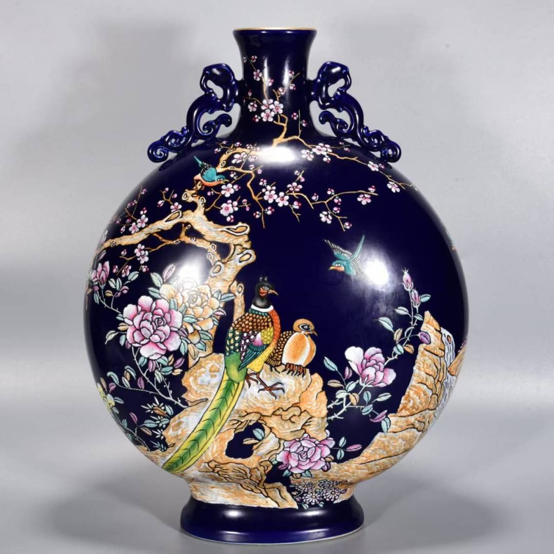 An Exquisite Ji Blue Glazed Famille-Rose Flower and Bird Pattern Double-Ears Vase: An Exquisite Ji Blue Glazed Famille-Rose Flower and Bird Pattern Double-Ears Vase,Qing Dynasty,China,with Qianlong Six-character Mark,Size:19.7inx15in,霁蓝釉粉彩花&