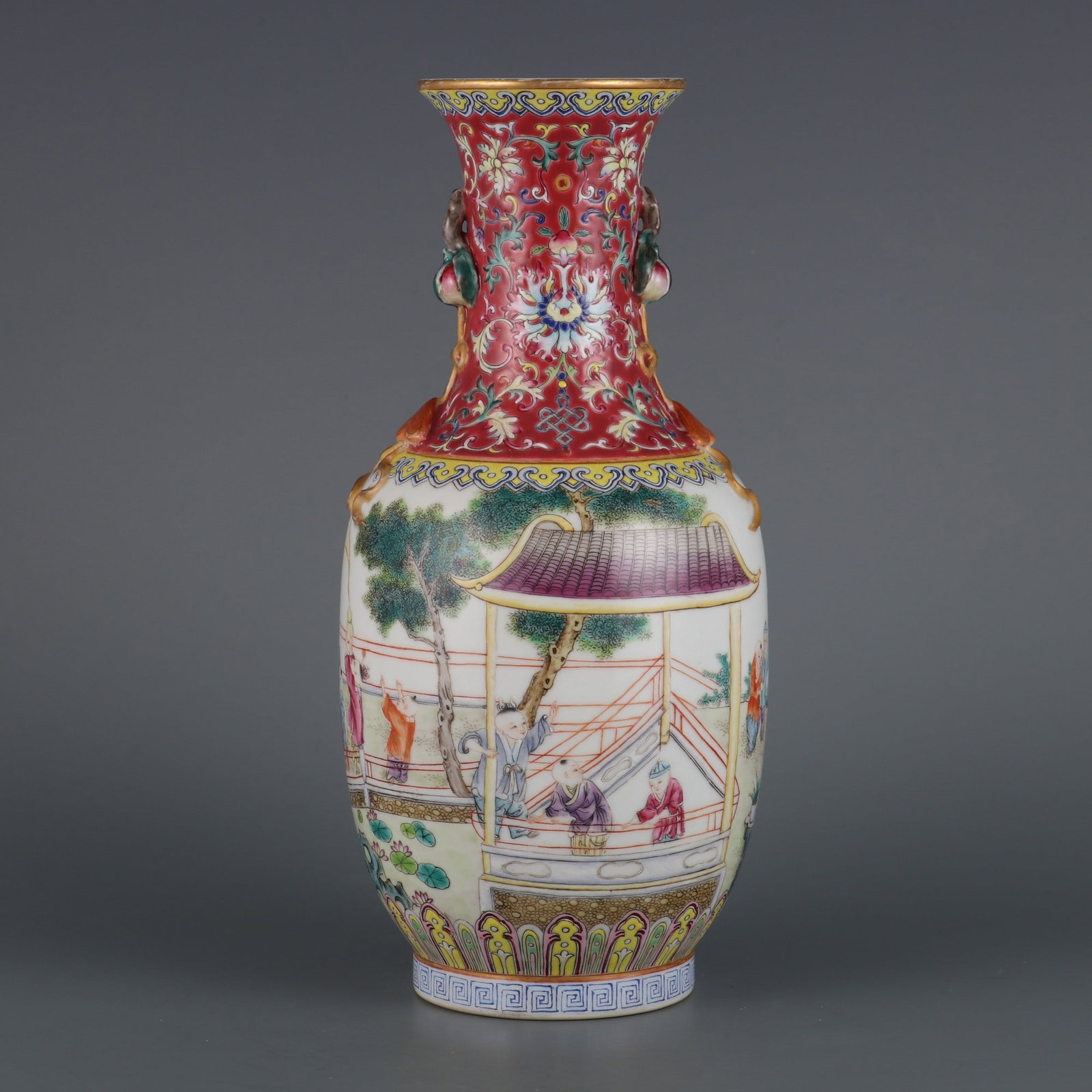 An Exquisite Famille-Rose Lotus Pattern Character and Story Pattern Double-Ears Vase: An Exquisite Famille-Rose Lotus Pattern Character and Story Pattern Double-Ears Vase,Qing Dynasty,China,Qianlong Six-character Mark,Size:10.4inx3in,粉彩缠枝莲纹