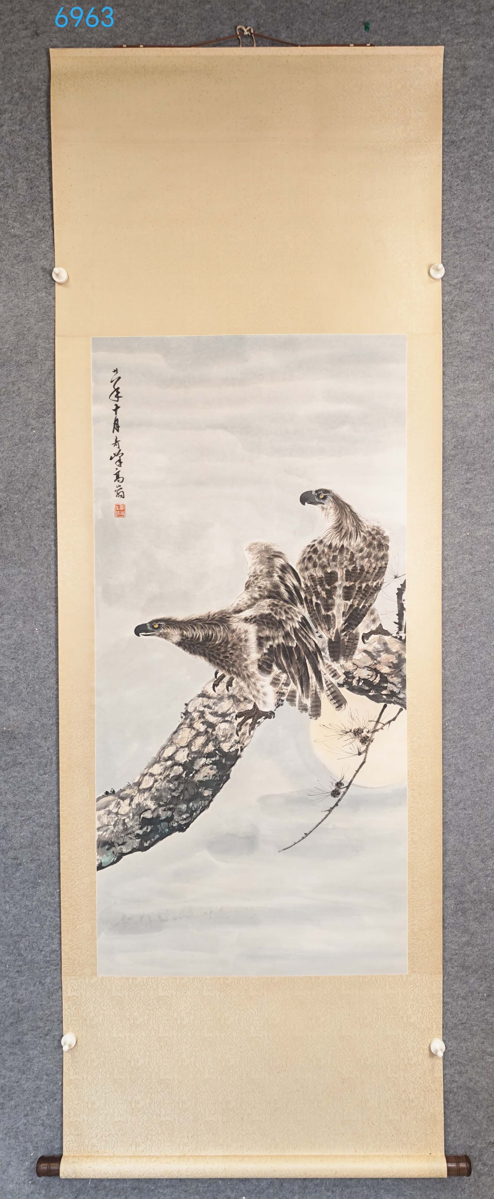A Chinese Vertical Scroll Ink Painting of Eagle on Paper: A Chinese Vertical Scroll Ink Painting of Eagle on Paper,Gao qifeng,Size:(Without frame)24.8inx50.4in,一幅中国水墨鹰图立轴,高奇&