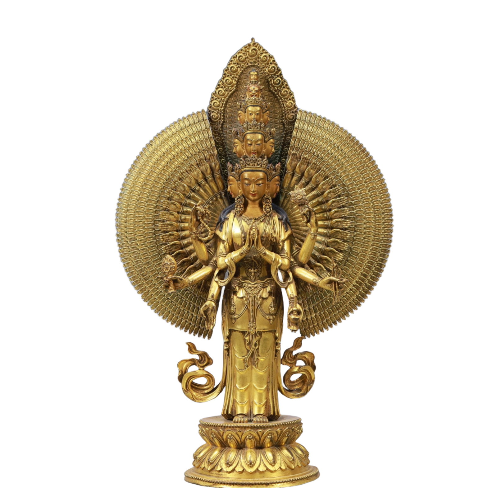 A Solemn Gilt Bronze Statue of Thousand-hand Guanyin: A Solemn Gilt Bronze Statue of Thousand-hand Guanyin,Ming Dynasty, China,Size:8.3inx3.9inx13in,Weight:3000,铜鎏金千手观音像,中国明