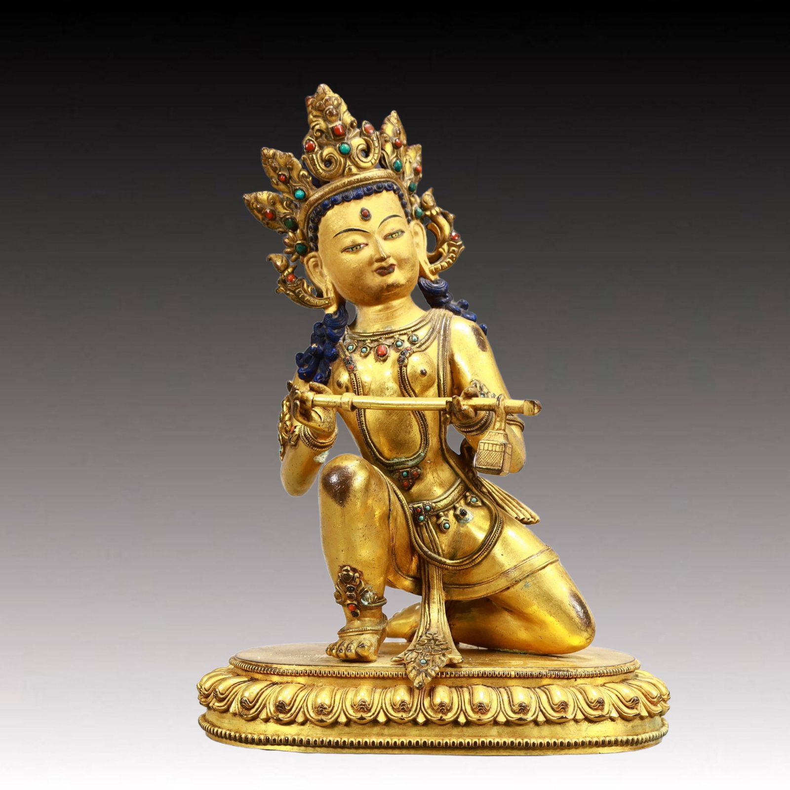 A Solemn Gilt Bronze Statue of Bodhisattva,Inlaid Turquoise (1 of 9)
