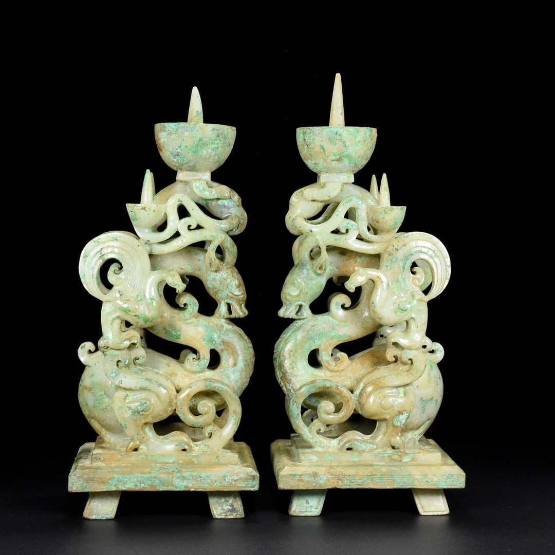 A Pair of Exquisite White Jade Dragon Pattern Candlesticks (1 of 10)
