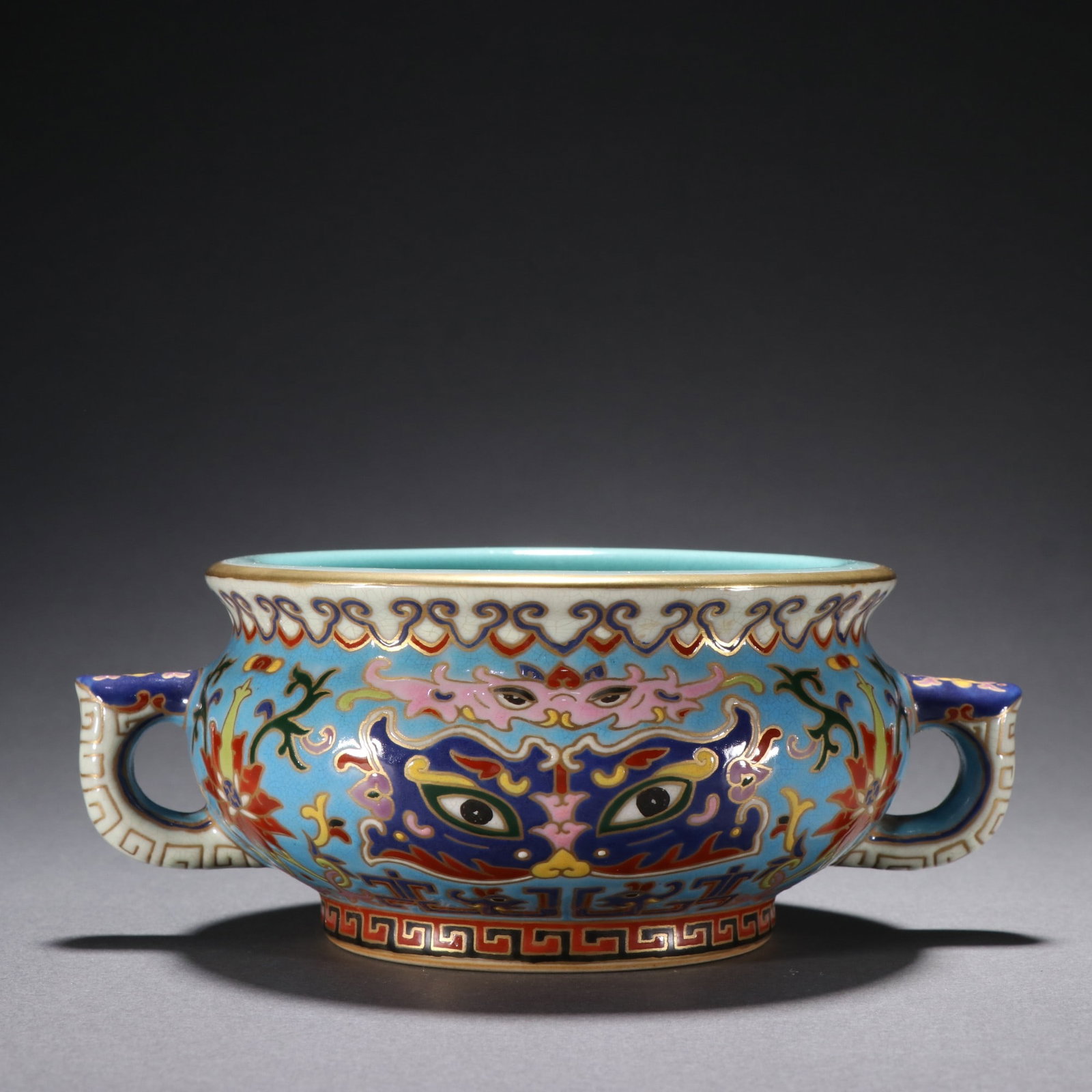 An Exquisite Enamel Taotie Pattern Double-Ears Censer: An Exquisite Enamel Taotie Pattern Double-Ears Censer,Qing Dynasty,China,with Qianlong Four-character Mark,Size:2.4inx6.1in,珐琅彩饕餮纹双耳香