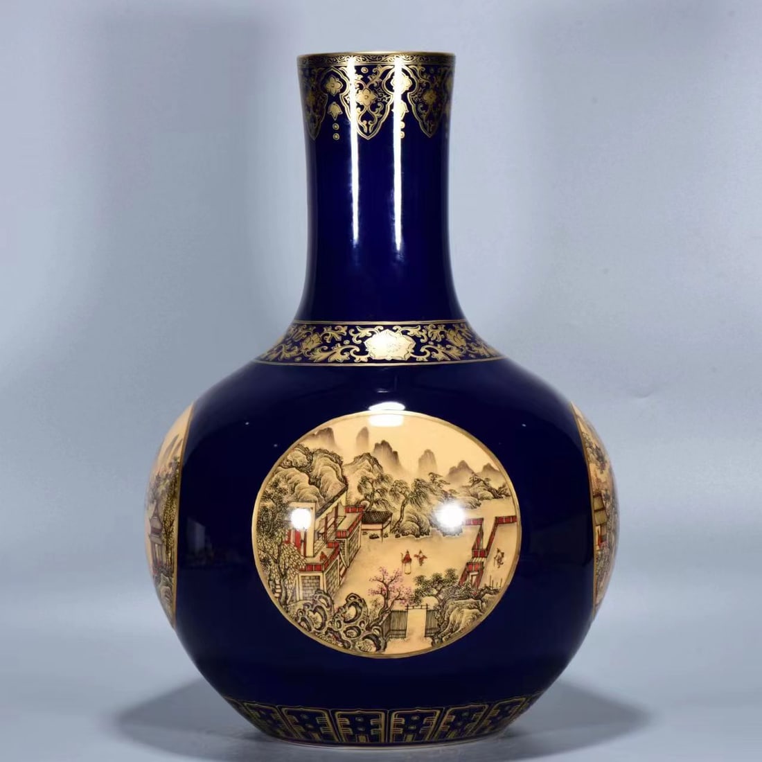 An Exquisite Ji Blue Glazed Ink Color Landscape Pattern Painted Gold Vase: An Exquisite Ji Blue Glazed Ink Color Landscape Pattern Painted Gold Vase,Qing Dynasty,China,with Qianlong Six-character Mark,Size:18.1inx12.6in,霁蓝釉墨彩山水