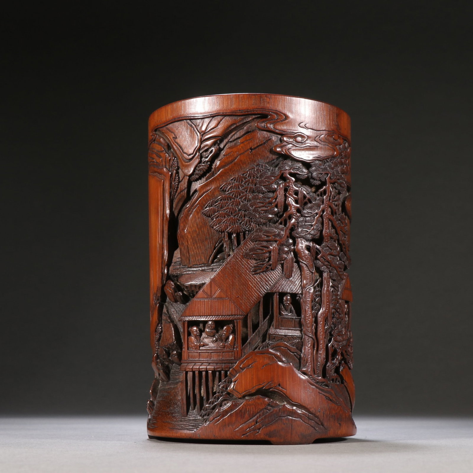 An Exquisite Bamboo Landscape and Figure Pattern Brush Pot,with poem: An Exquisite Bamboo Landscape and Figure Pattern Brush Pot,with poem,Qing Dynasty,China,With Mark,Size:5.9inx3.7in,竹雕山水人物纹笔筒,带#