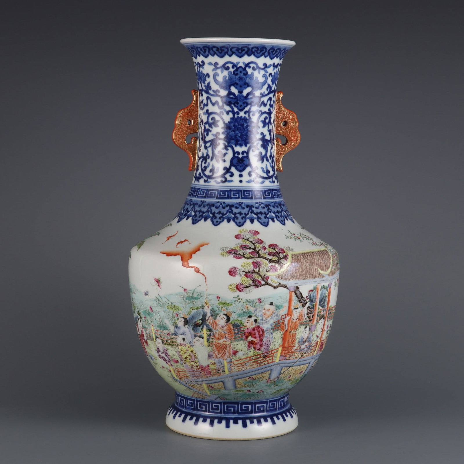 An Exquisite Famille-Rose Blue and White Character and Story Pattern Lotus Pattern Double-Ears Vase: An Exquisite Famille-Rose Blue and White Character and Story Pattern Lotus Pattern Double-Ears Vase,Qing Dynasty,China,Qianlong Six-character Mark,Size:14.6inx4.2in,粉彩青花
