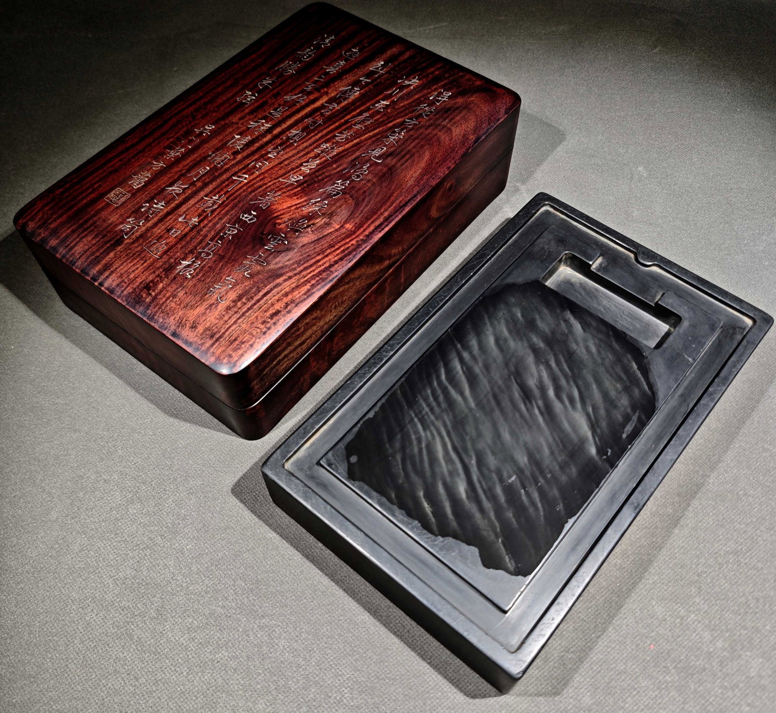 An Exquisite Poem Inkstone,with Wooden Box: An Exquisite Poem Inkstone,with Wooden Box,Qing Dynasty,China,With Mark,Size:10.6inx7inx3in,诗文砚台,带木盒,中国清代,带款