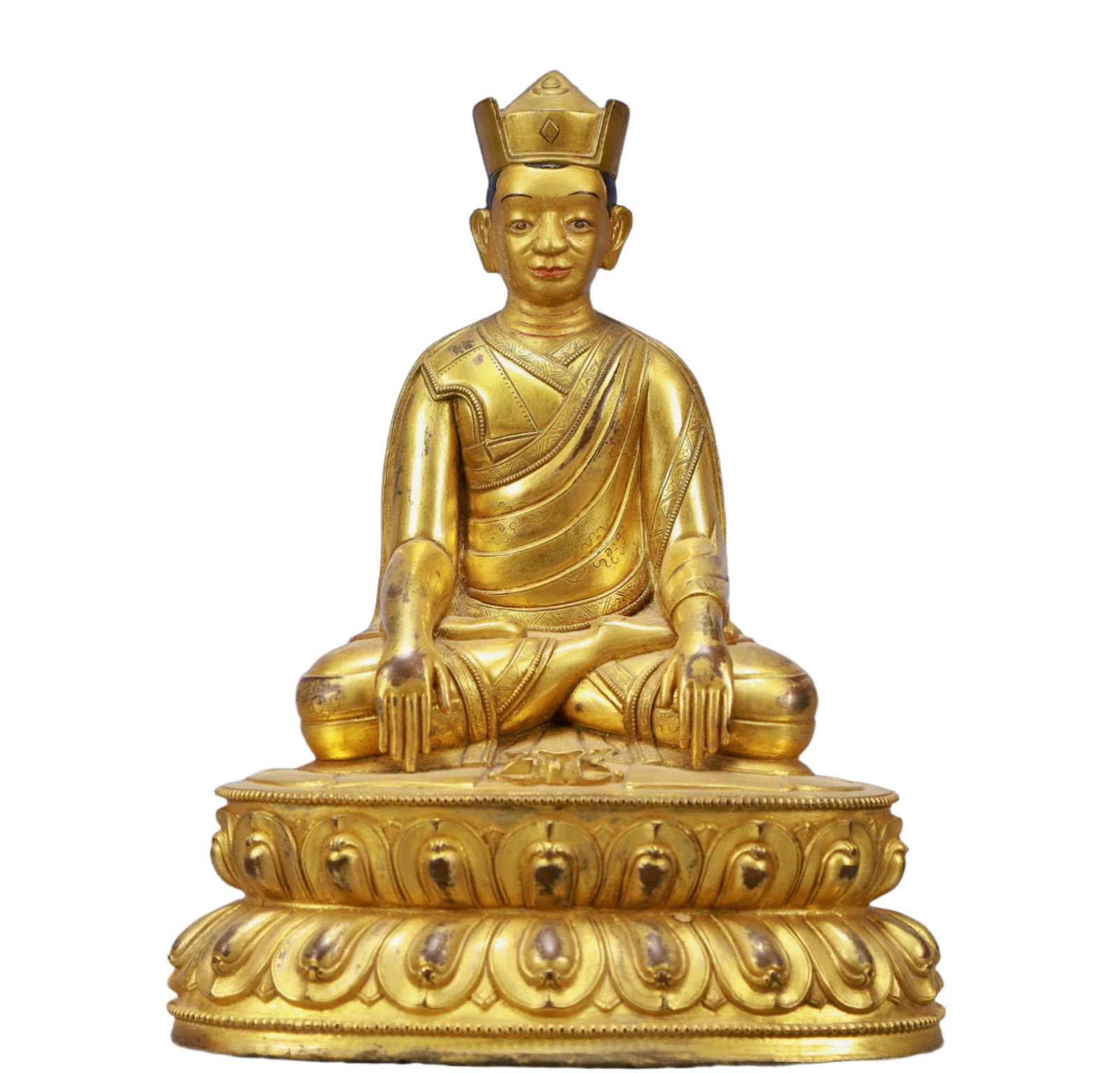 A Solemn Gilt Bronze Statue of Guru: A Solemn Gilt Bronze Statue of Guru,Ming Dynasty, China,Size:6.9inx5.5inx9.1inWeight:2300g 铜鎏金上师像,中国明代