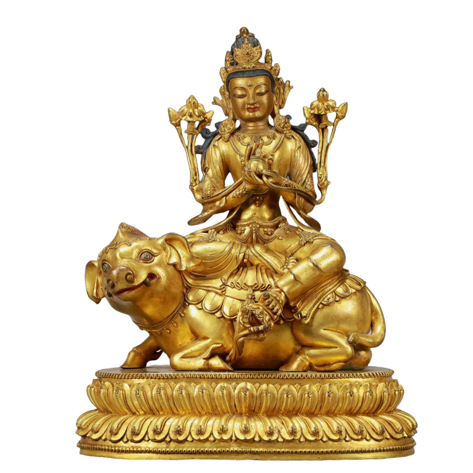 A Solemn Gilt Bronze Statue of Samantabhadra: A Solemn Gilt Bronze Statue of Samantabhadra,Ming Dynasty, China,Xuande Six-character Mark,Size:12.6inx7.5inx16.5in,Weight:14350g,铜鎏金普贤菩萨像,È