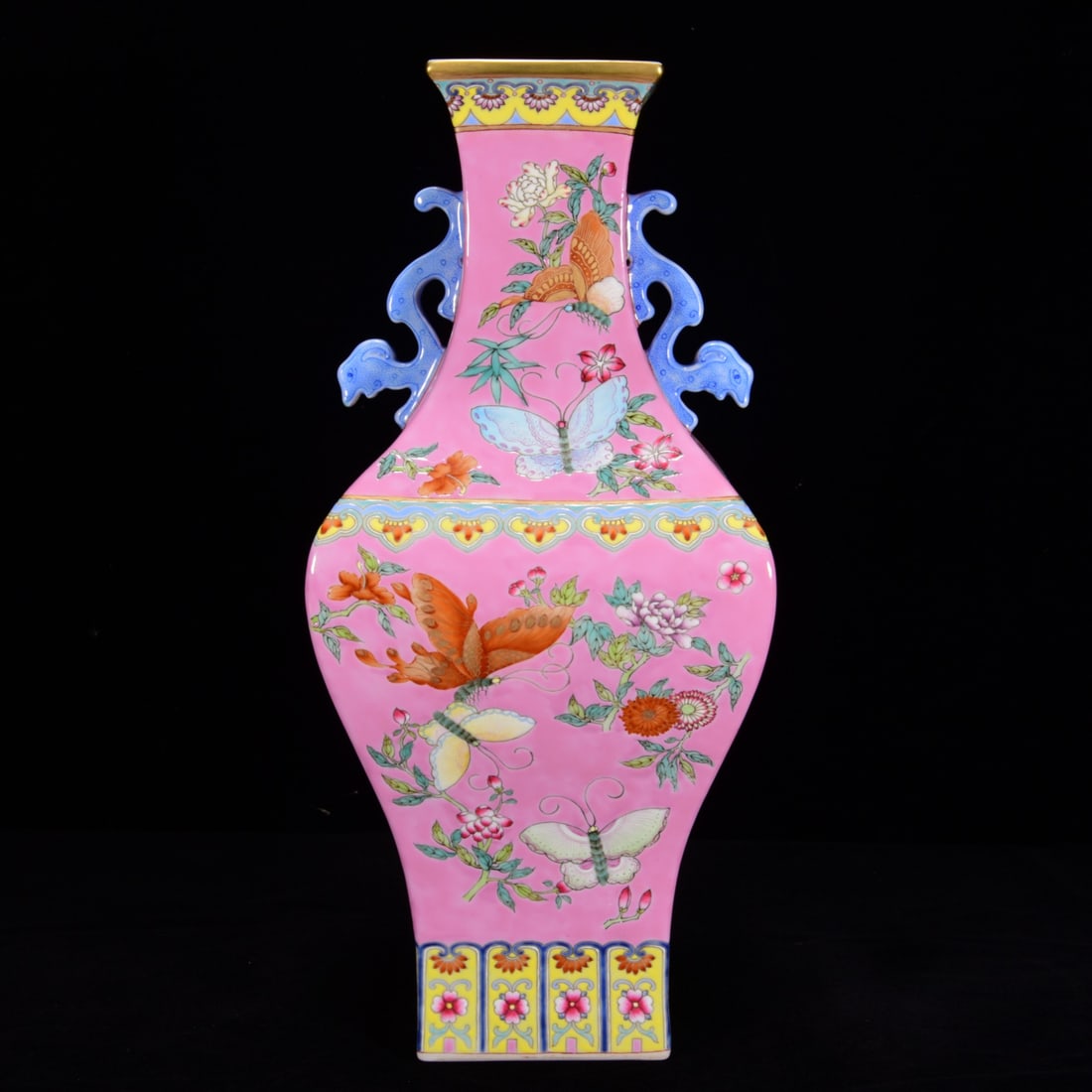 An Exquisite Ruby Red-Glazed Famille-Rose Flower and Bird Pattern Double-Ears Vase: An Exquisite Ruby Red-Glazed Famille-Rose Flower and Bird Pattern Double-Ears Vase,Qing Dynasty,China,with Qianlong Six-character Mark,Size:12.2inx5.5in,胭脂红釉粉彩