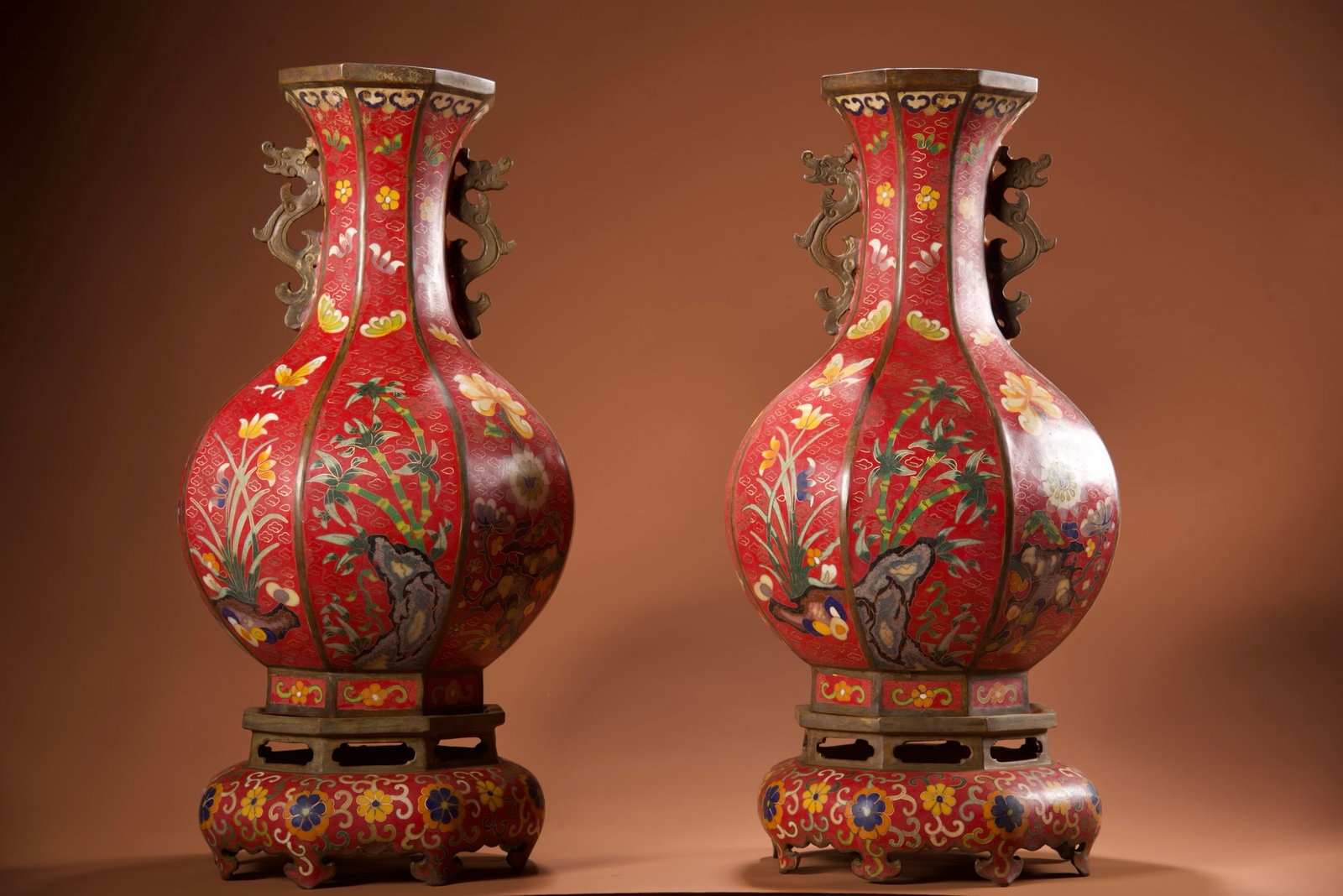 A Pair of Exquisite Cloisonne Plum Blossom,Orchid Bamboo and Chrysanthemum Pattern Dragon-Ears: A Pair of Exquisite Cloisonne Plum Blossom,Orchid Bamboo and Chrysanthemum Pattern Dragon-Ears Vase,with Bases,Qing Dynasty,China,with Qianlong Six-character Mark,Size:16.9inx8.3inx4.5in*2,Weight:1088