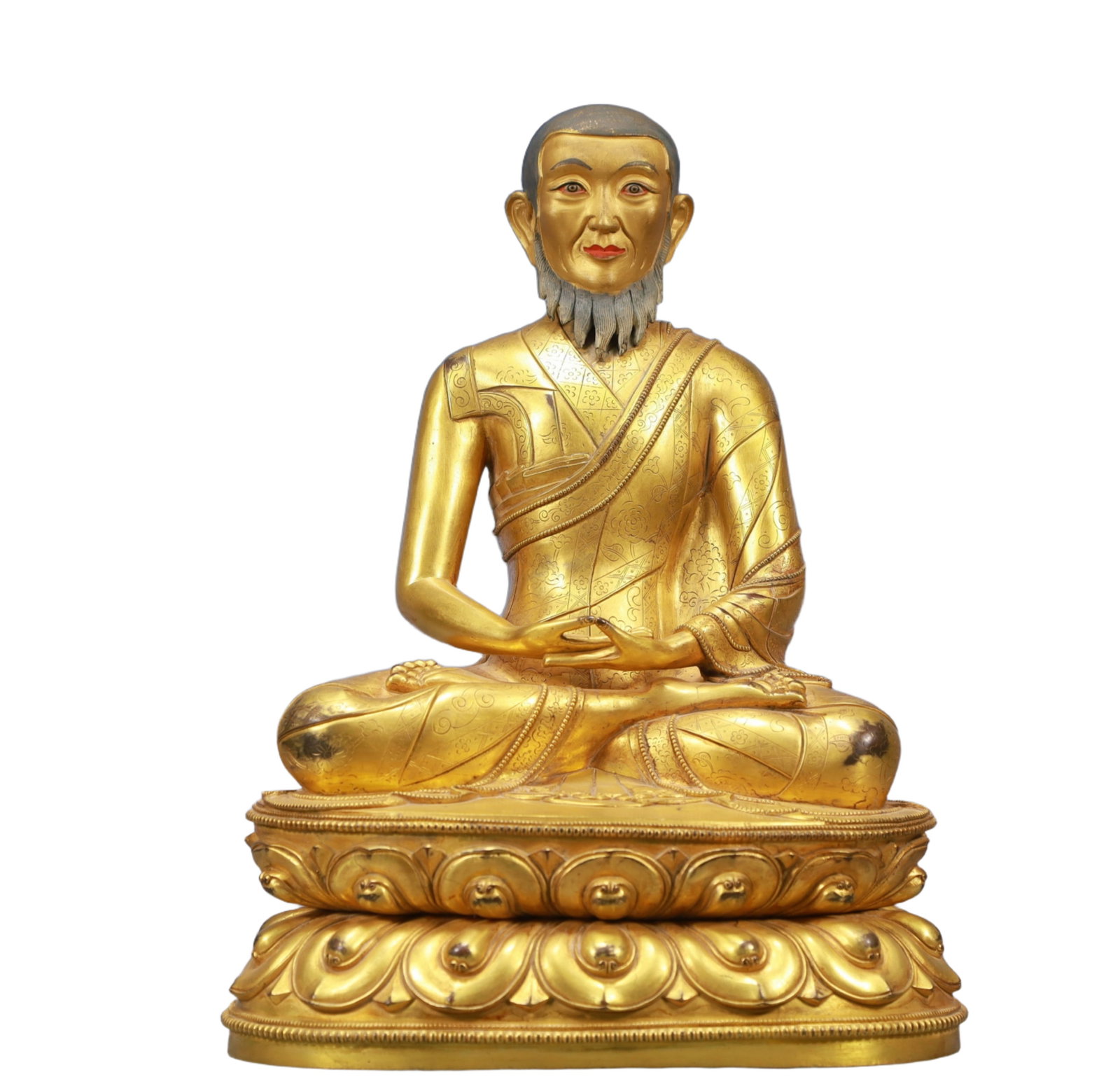 A Solemn Gilt Bronze Statue of Guru: A Solemn Gilt Bronze Statue of Guru,Ming Dynasty, China,Size:8.7inx7.1inx11.4in,Weight:4950,铜鎏金上师像,中国明代