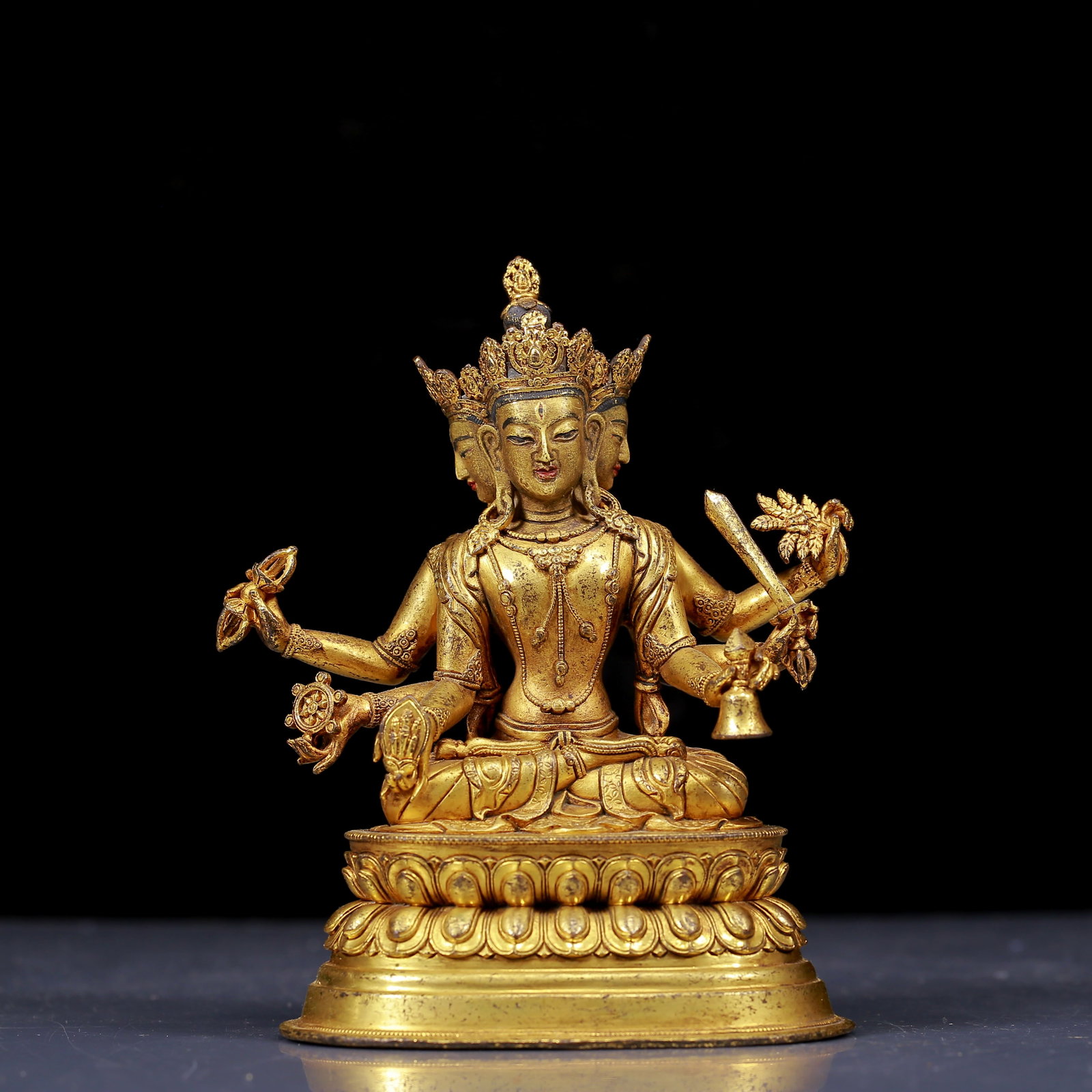 A Solemn Gilt Bronze Statue of Six-Armed Manjusri: A Solemn Gilt Bronze Statue of Six-Armed Manjusri,Qing Dynasty,China,Size:4.3inx3.5inx6.3in,Weight:840g,铜鎏金六臂文殊菩萨像,中国
