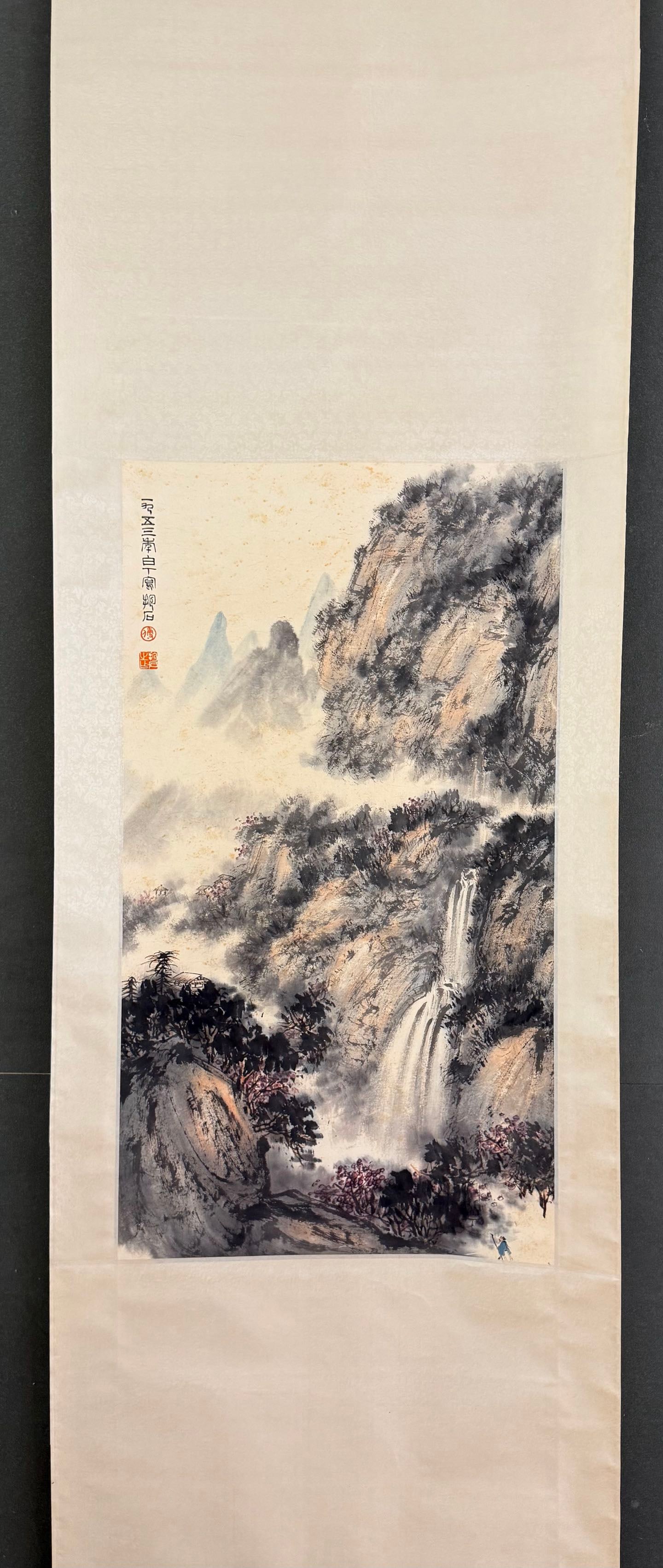 A Chinese Vertical Scroll Ink Painting of Landscape on Paper: A Chinese Vertical Scroll Ink Painting of Landscape on Paper,Fu baoshi,Size:35inx19.3in,一幅中国水墨山水画立轴