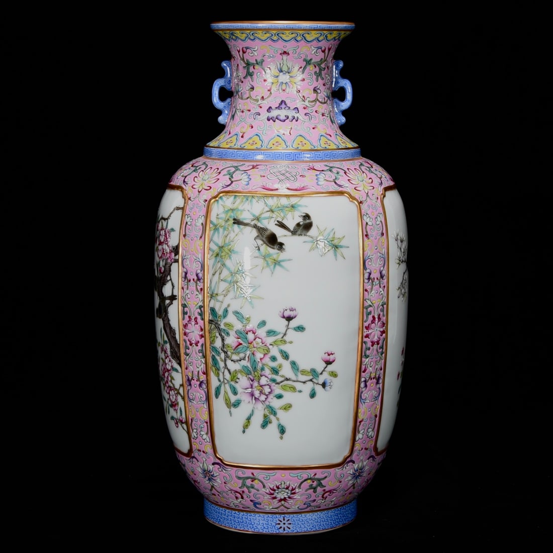 An Exquisite Famille-Rose Flower and Bird Pattern Double-Ears Vase: An Exquisite Famille-Rose Flower and Bird Pattern Double-Ears Vase,Qing Dynasty,China,with Qianlong Six-character Mark,Size:13inx9.1in,粉彩花鸟纹双耳瓶,