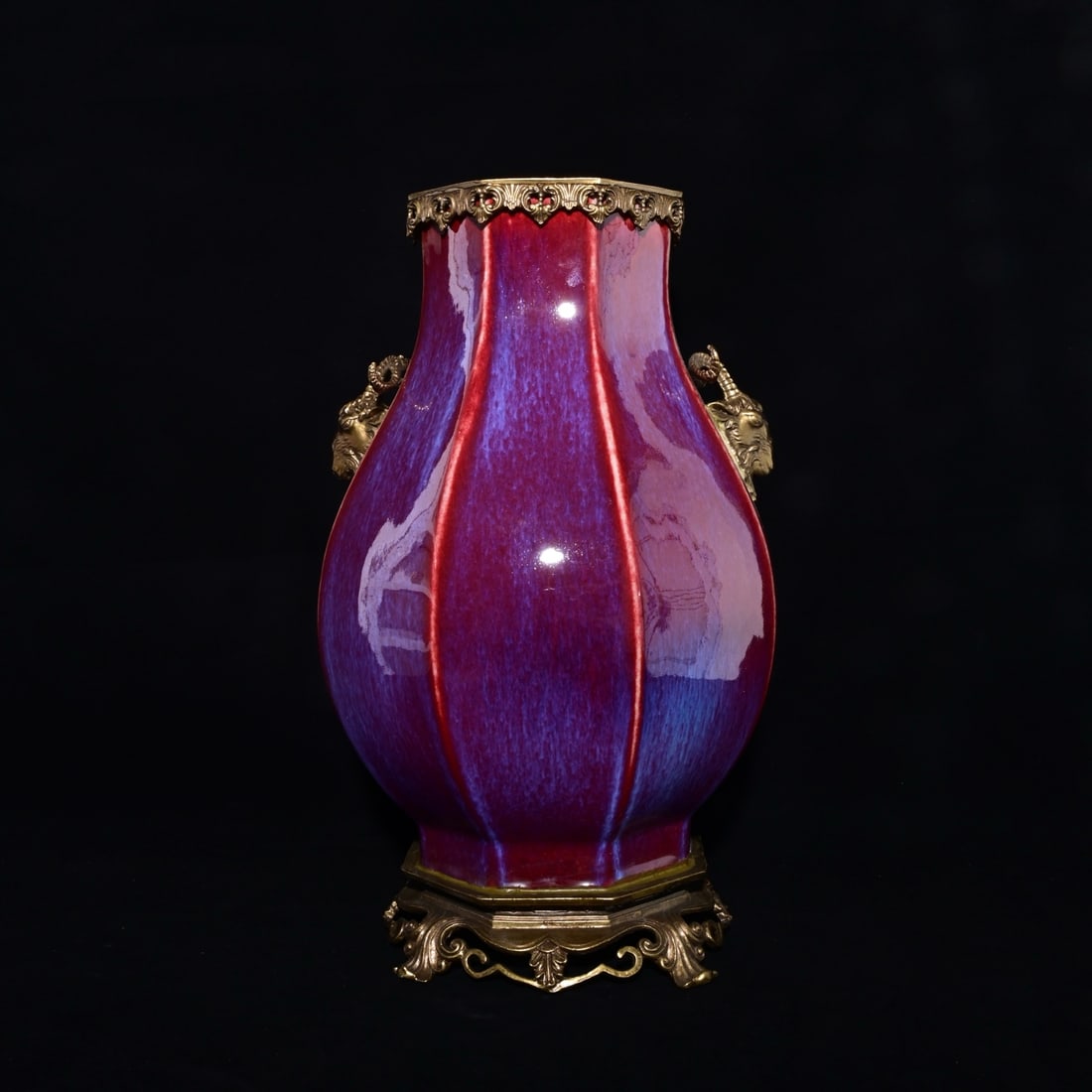 An Exquisite Flambe Glazed Inlaid Gilt Bronze Double-Ears Vase, (1 of 10)
