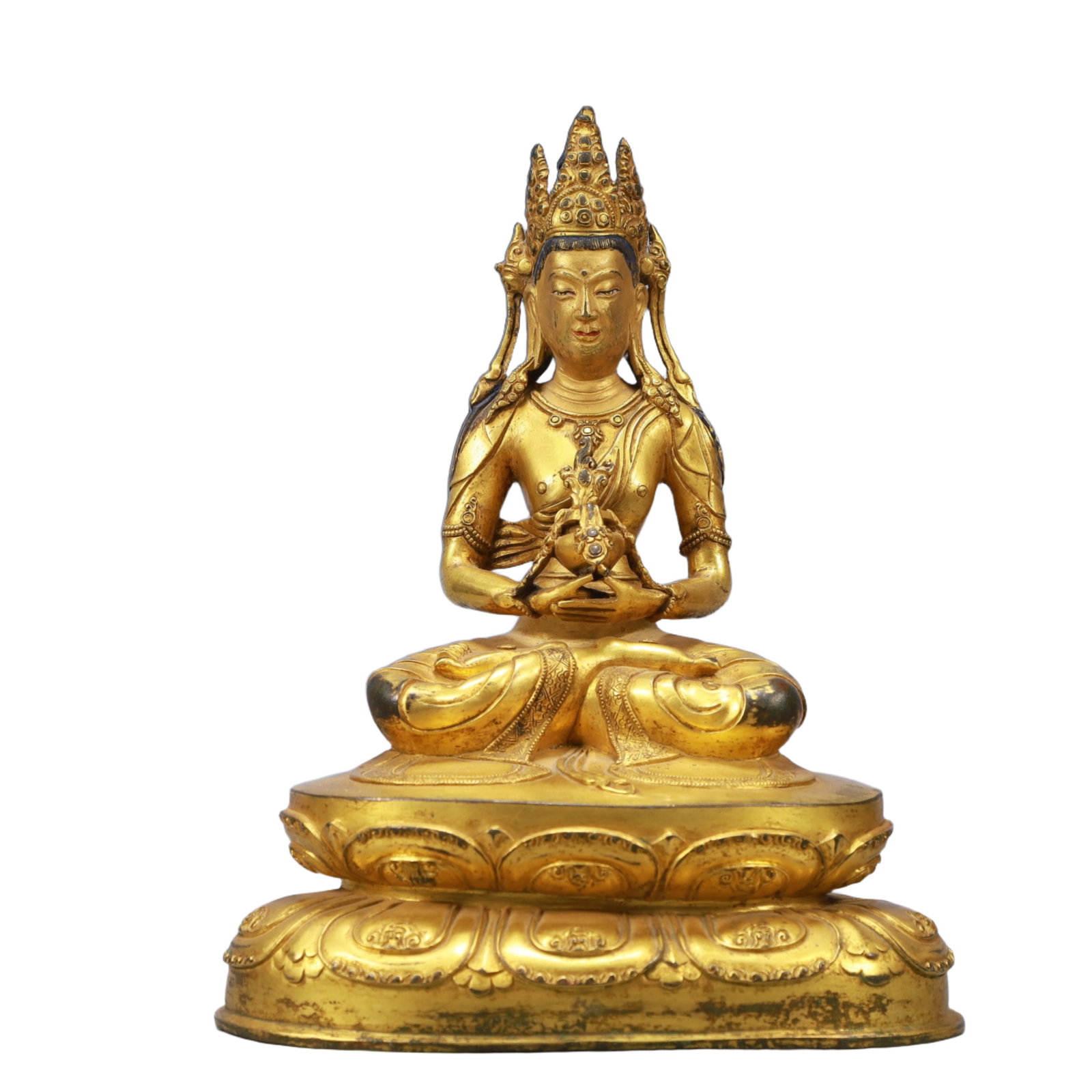 A Solemn Gilt Bronze Statue of Bodhisattva: A Solemn Gilt Bronze Statue of Bodhisattva,Ming Dynasty, China,Size:8.3inx5.1inx10.4in,Weight:3350,铜鎏金菩萨像,中国明代