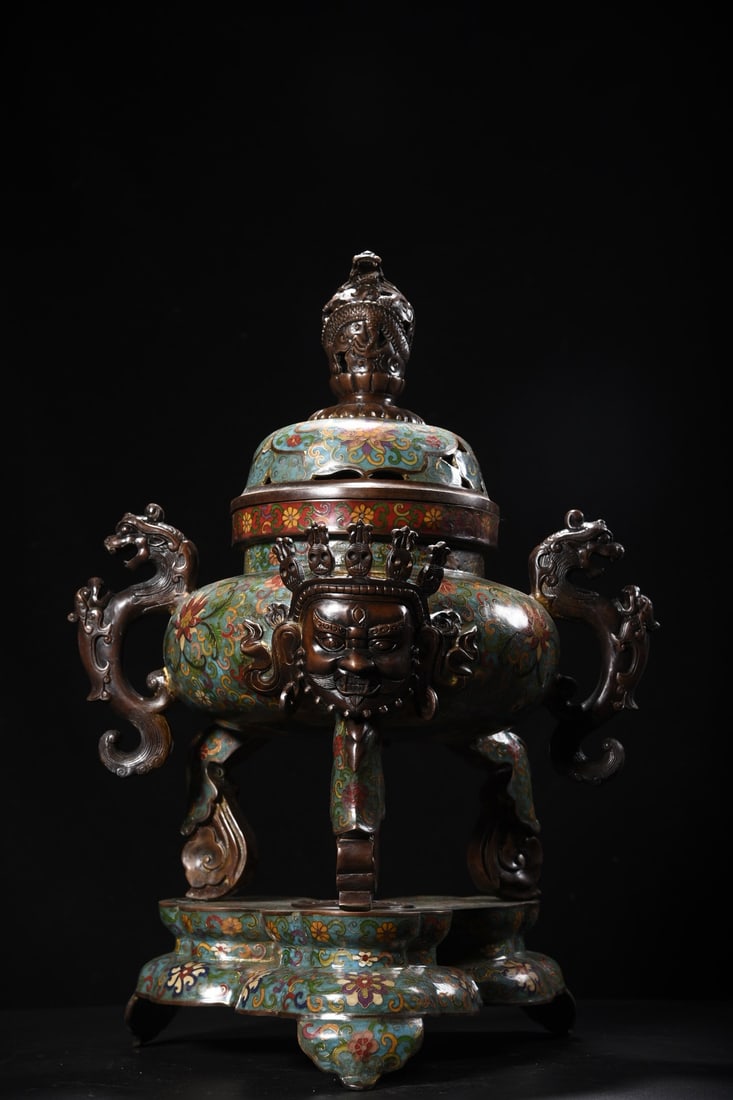 An Exquisite Cloisonne Lotus Pattern with Cover Dragon-Ears Tripod Censer,with Base: An Exquisite Cloisonne Lotus Pattern with Cover Dragon-Ears Tripod Censer,with Base,Qing Dynasty,China,with Qianlong Four-character Mark,Size:23.2inx17.3in,Weight:13500g,景泰蓝ಶ