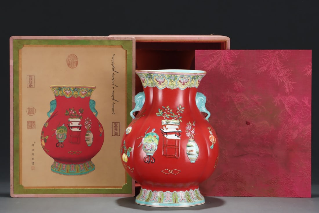 An Exquisite Enamel Antiquities Motif Pattern Lotus Pattern Elephant-Ears Vase: An Exquisite Enamel Antiquities Motif Pattern Lotus Pattern Elephant-Ears VaseQing Dynasty, China, Jiaqing Six-character MarkSize:15.6inx12in,珐琅彩博古纹缠&#